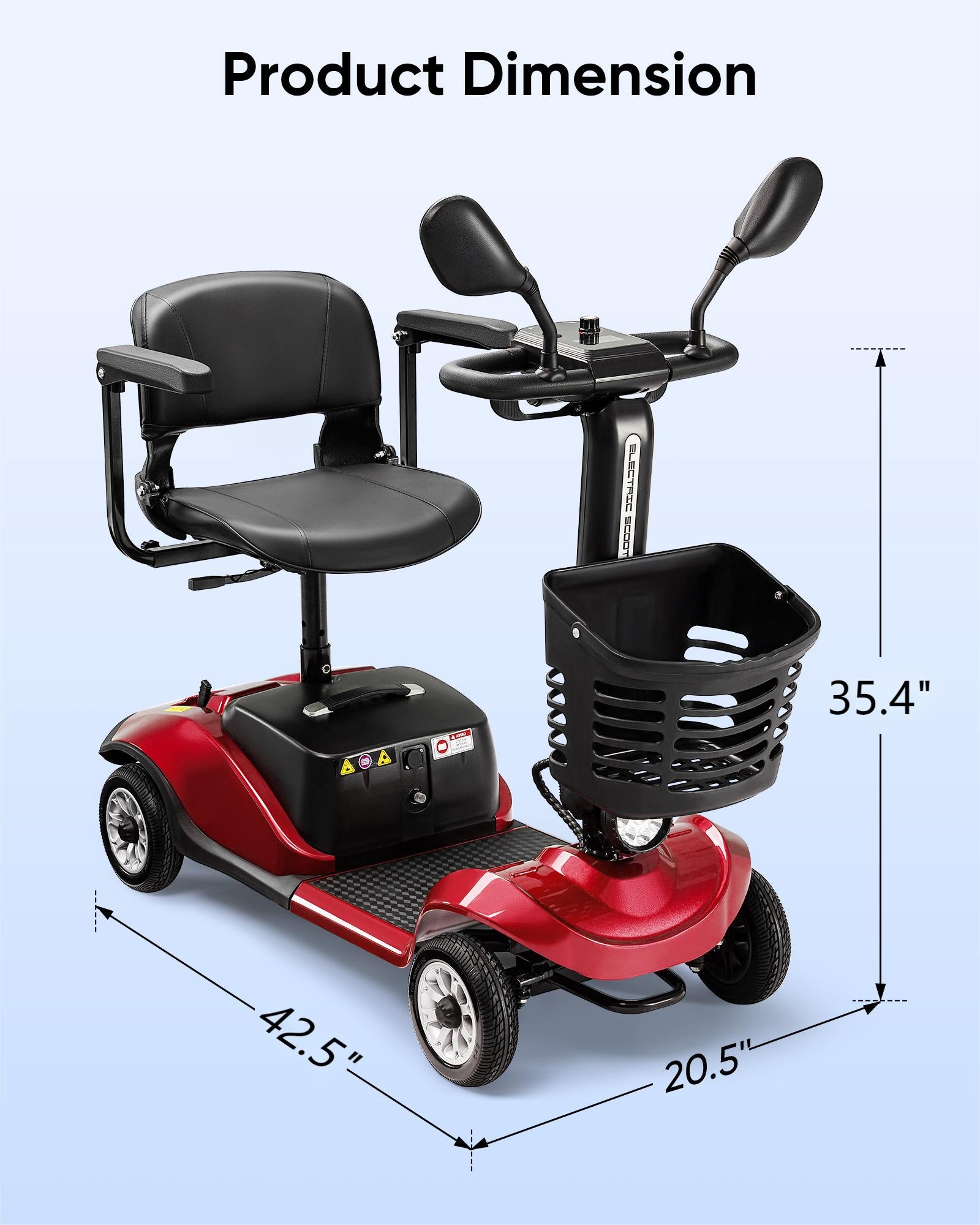 Morrean 4 Wheels Folding Travel Mobility Scooter, Electirc Wheelchair with Basket and Mirror, Best Gift for Seniors, Adult, Red