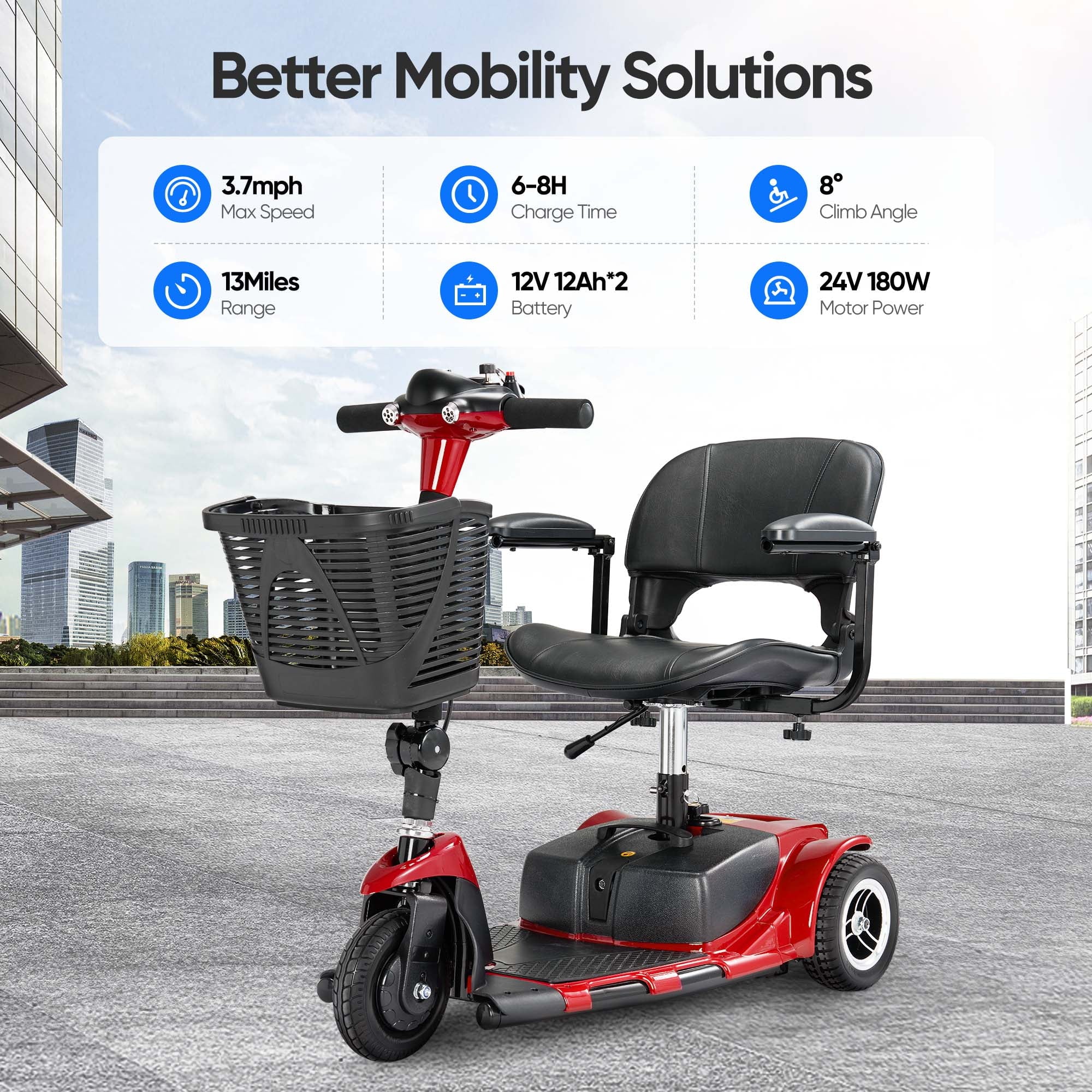 Morrean 3 Wheel Electric Powered Mobility Scooter, With Lighting Folding Travel Mobile Wheelchair for Seniors, Gift for Elderly, Red