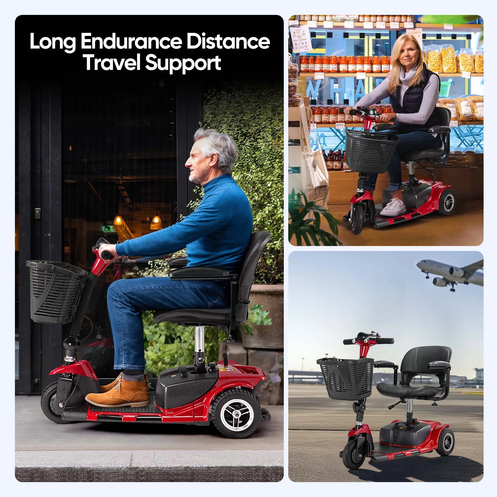 Morrean 3 Wheel Electric Powered Mobility Scooter, With Lighting Folding Travel Mobile Wheelchair for Seniors, Gift for Elderly, Red