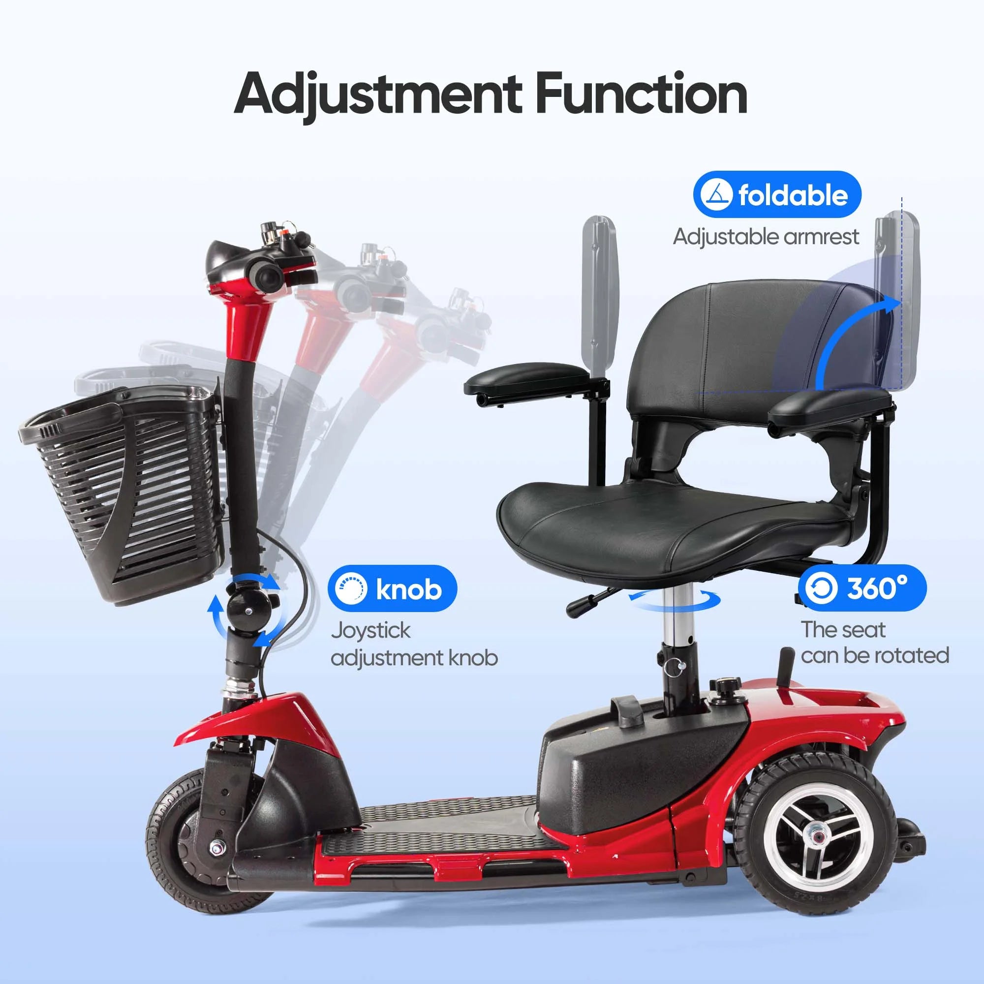 Morrean 3 Wheel Electric Powered Mobility Scooter, With Lighting Folding Travel Mobile Wheelchair for Seniors, Gift for Elderly, Red
