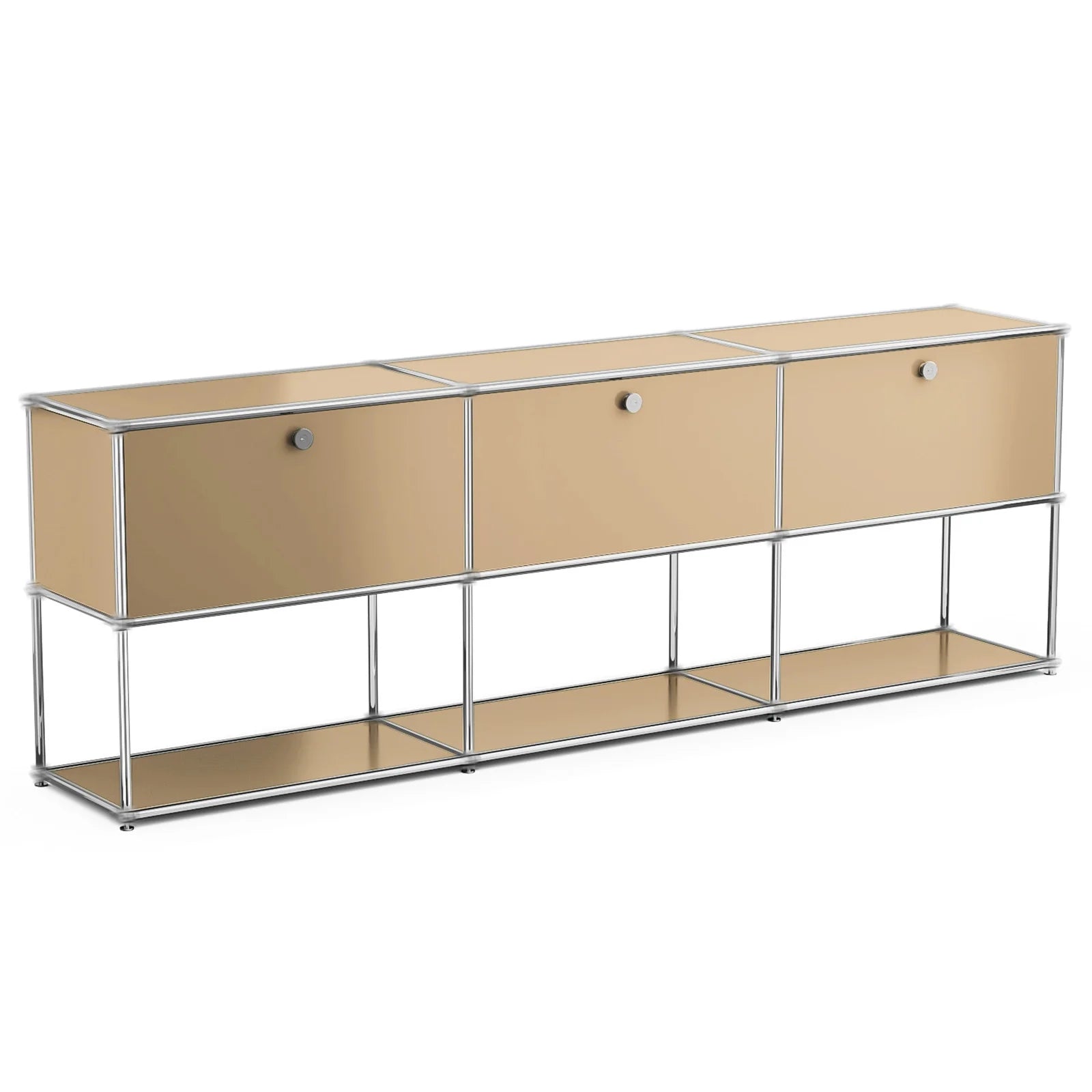 Cottinch 2-Tier Accent Cabinet,Metal Storage Cabinets with 3 Doors,Open Shelf,Freestanding Organizer for Living Room,Brown
