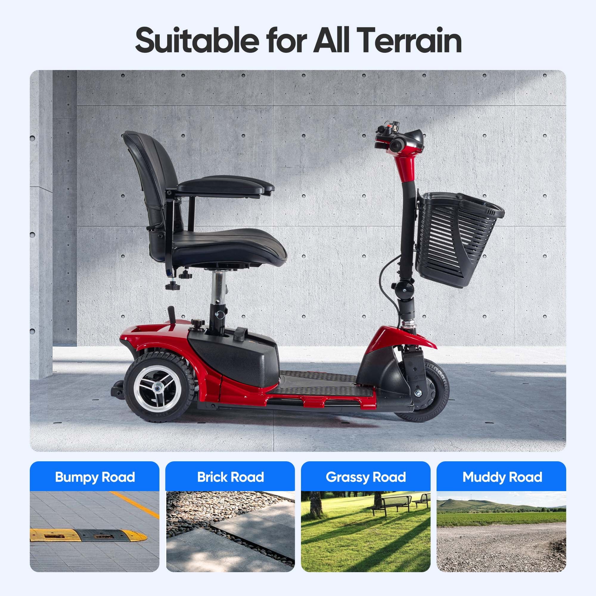 Morrean 3 Wheel Electric Powered Mobility Scooter, With Lighting Folding Travel Mobile Wheelchair for Seniors, Gift for Elderly, Red