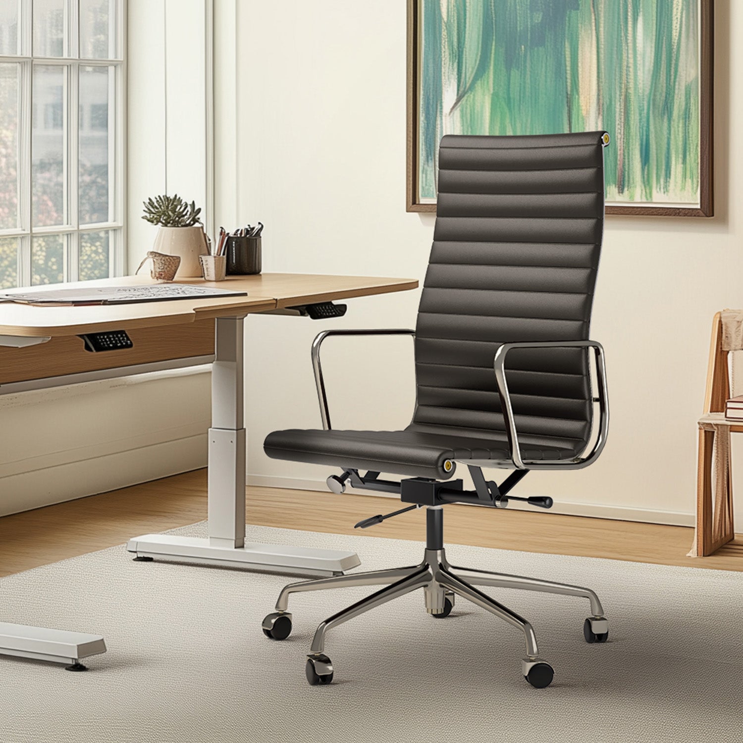Cottinch Ribbed Genuine Leather Office Chair, Adjustable Ergonomic Computer Chair for Home Office Use