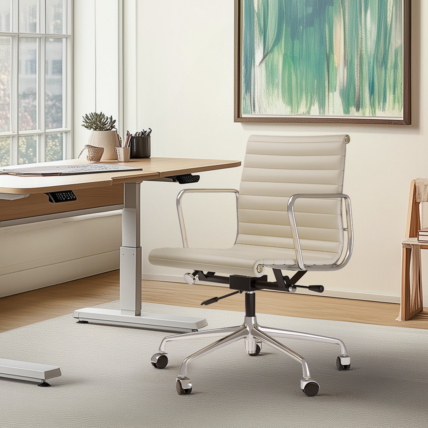 Cottinch Ribbed Genuine Leather Office Chair, Adjustable Ergonomic Computer Chair for Home Office Use