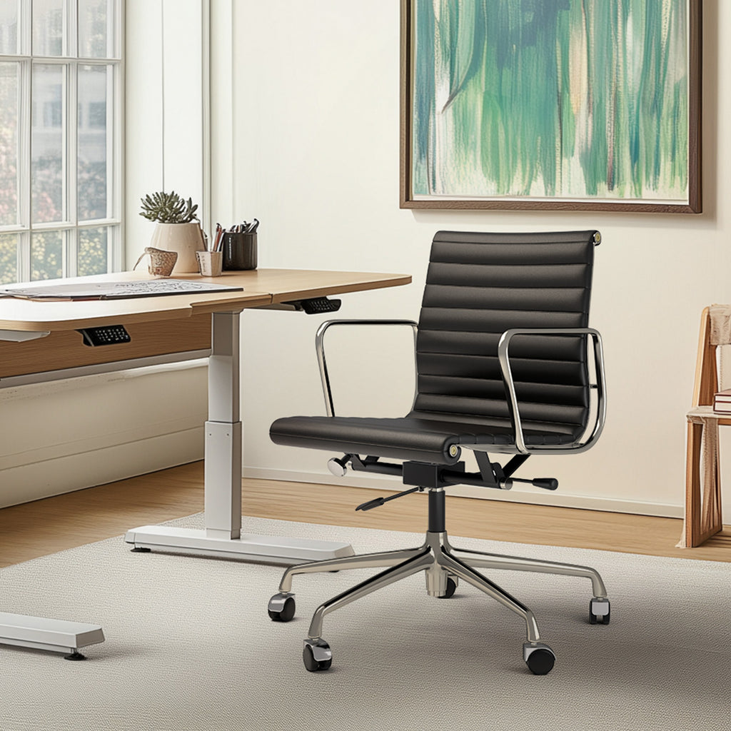 Cottinch Ribbed Genuine Leather Office Chair, Adjustable Ergonomic Computer Chair for Home Office Use