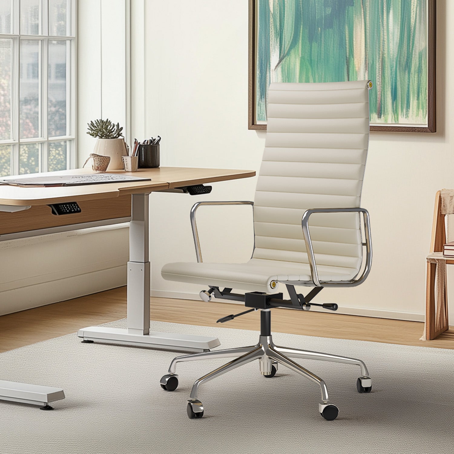 Cottinch Ribbed Genuine Leather Office Chair, Adjustable Ergonomic Computer Chair for Home Office Use