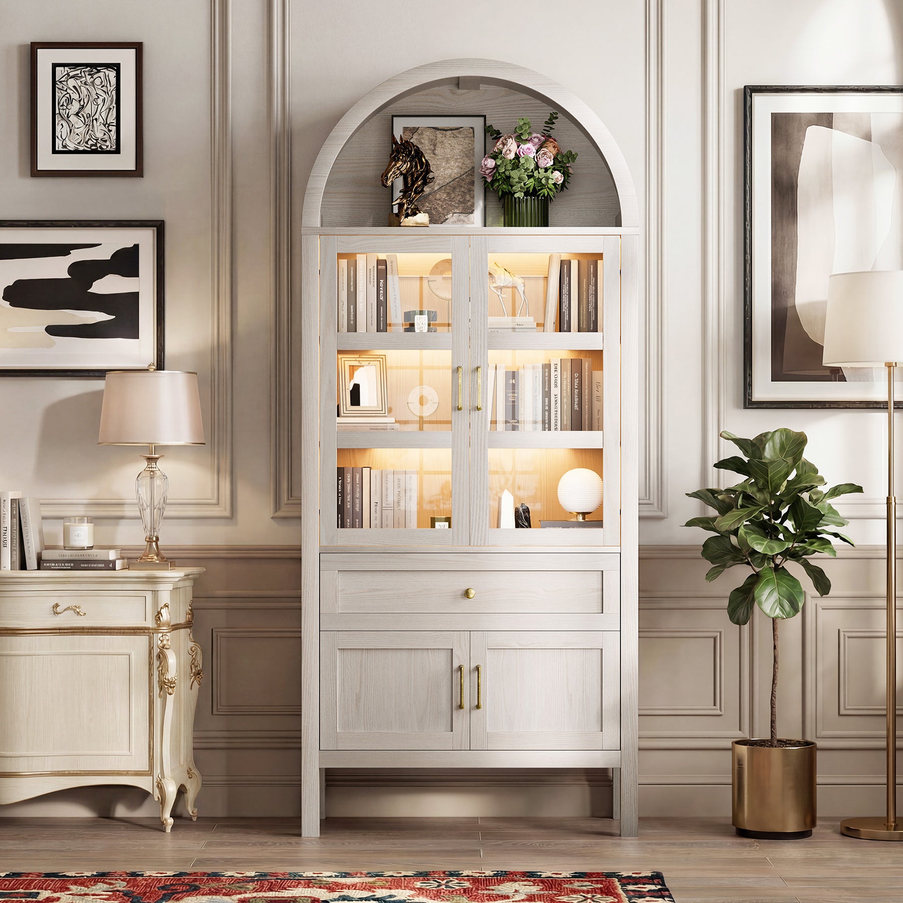 Cottinch 71" Arch Storage Cabinet with 4 Doors & Adjustable Shelves,Drawer,Wooden Bookshelf Cabinet,LED Lighted Display Cabinet