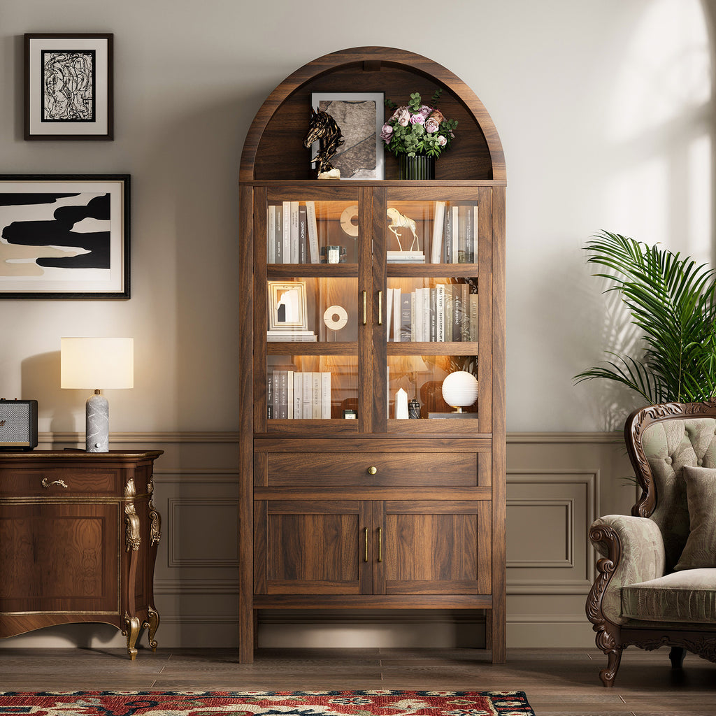 Cottinch 71" Arch Storage Cabinet with 4 Doors & Adjustable Shelves,Drawer,Wooden Bookshelf Cabinet,LED Lighted Display Cabinet