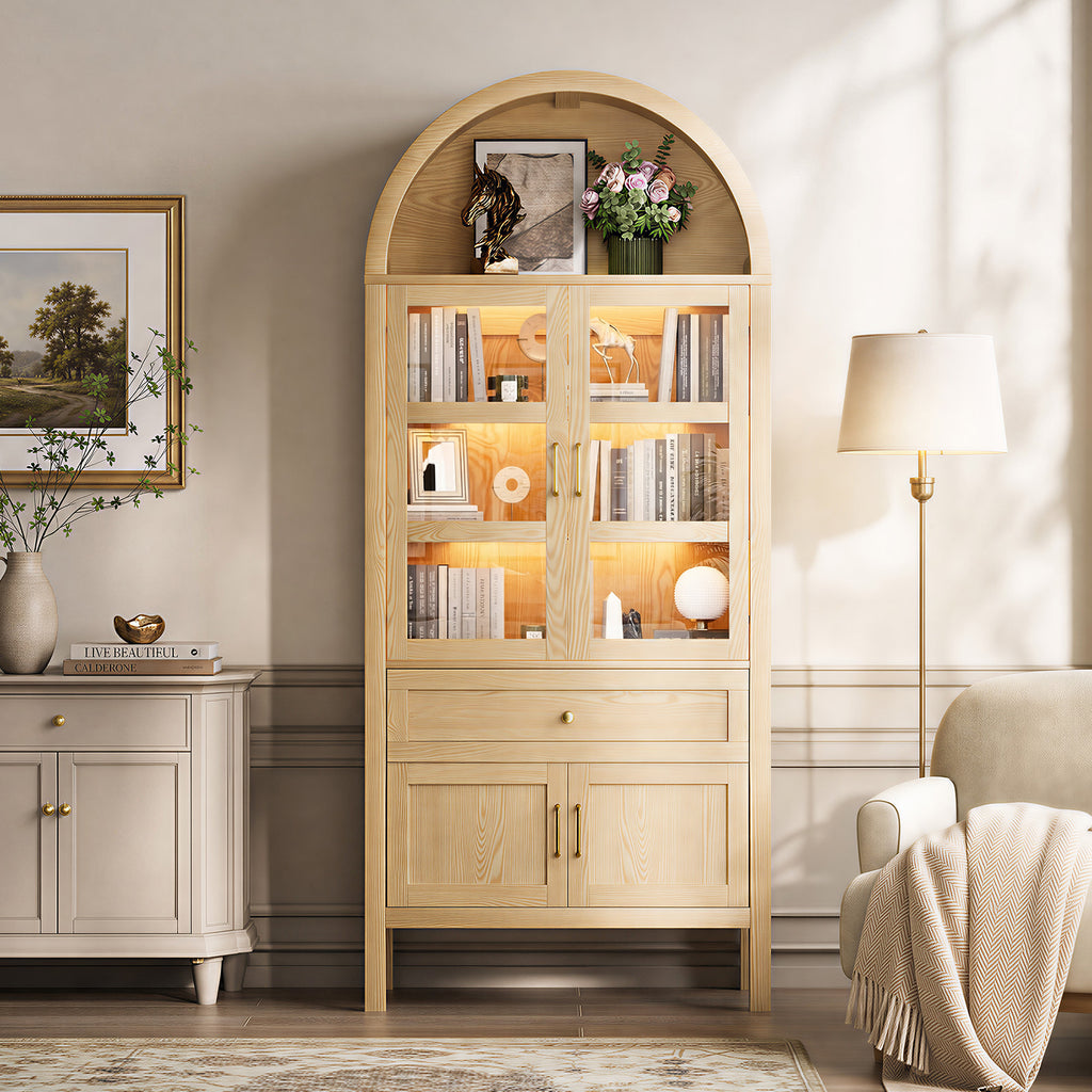 Cottinch 71" Arch Storage Cabinet with 4 Doors & Adjustable Shelves,Drawer,Wooden Bookshelf Cabinet,LED Lighted Display Cabinet