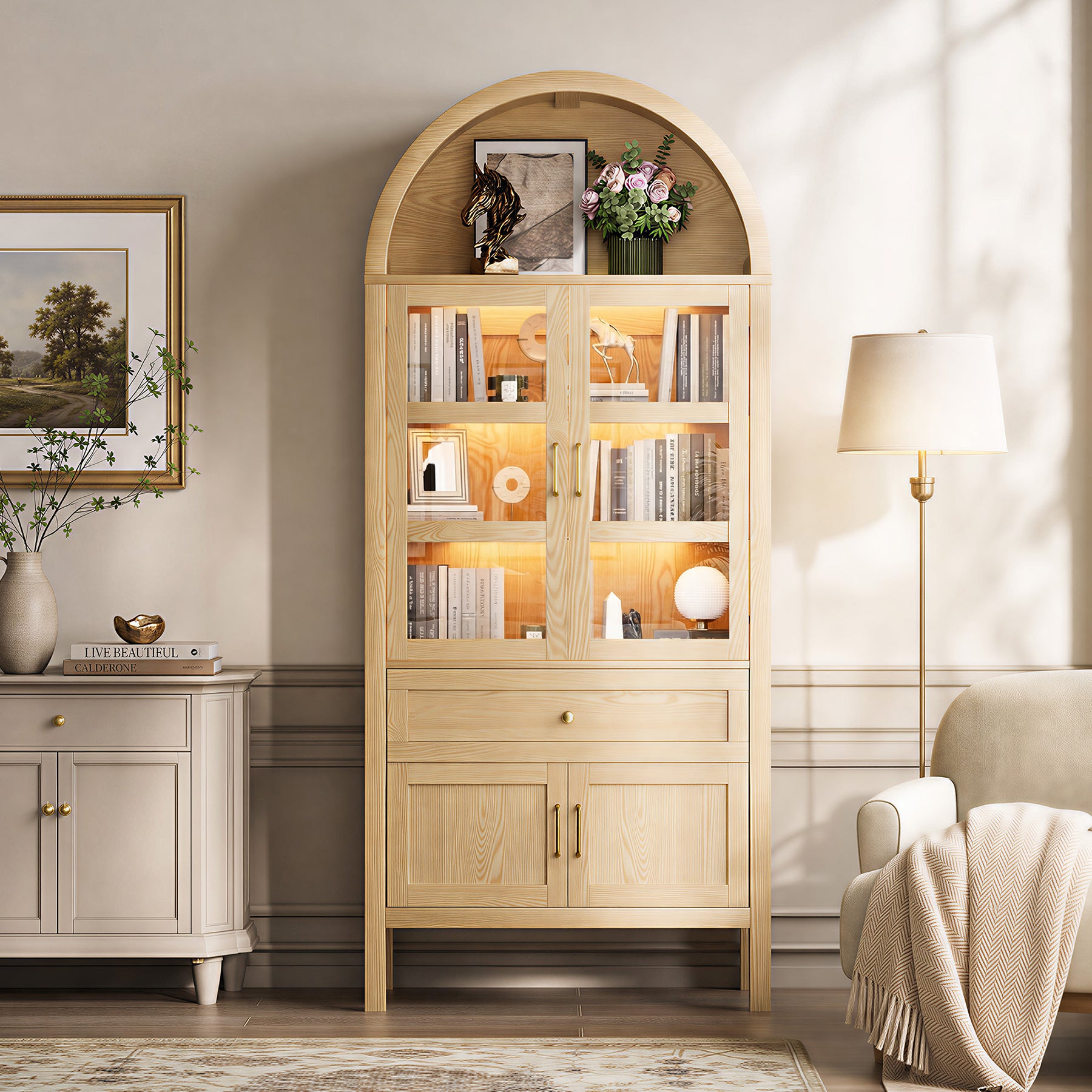 Cottinch 71" Arch Storage Cabinet with 4 Doors & Adjustable Shelves,Drawer,Wooden Bookshelf Cabinet,LED Lighted Display Cabinet