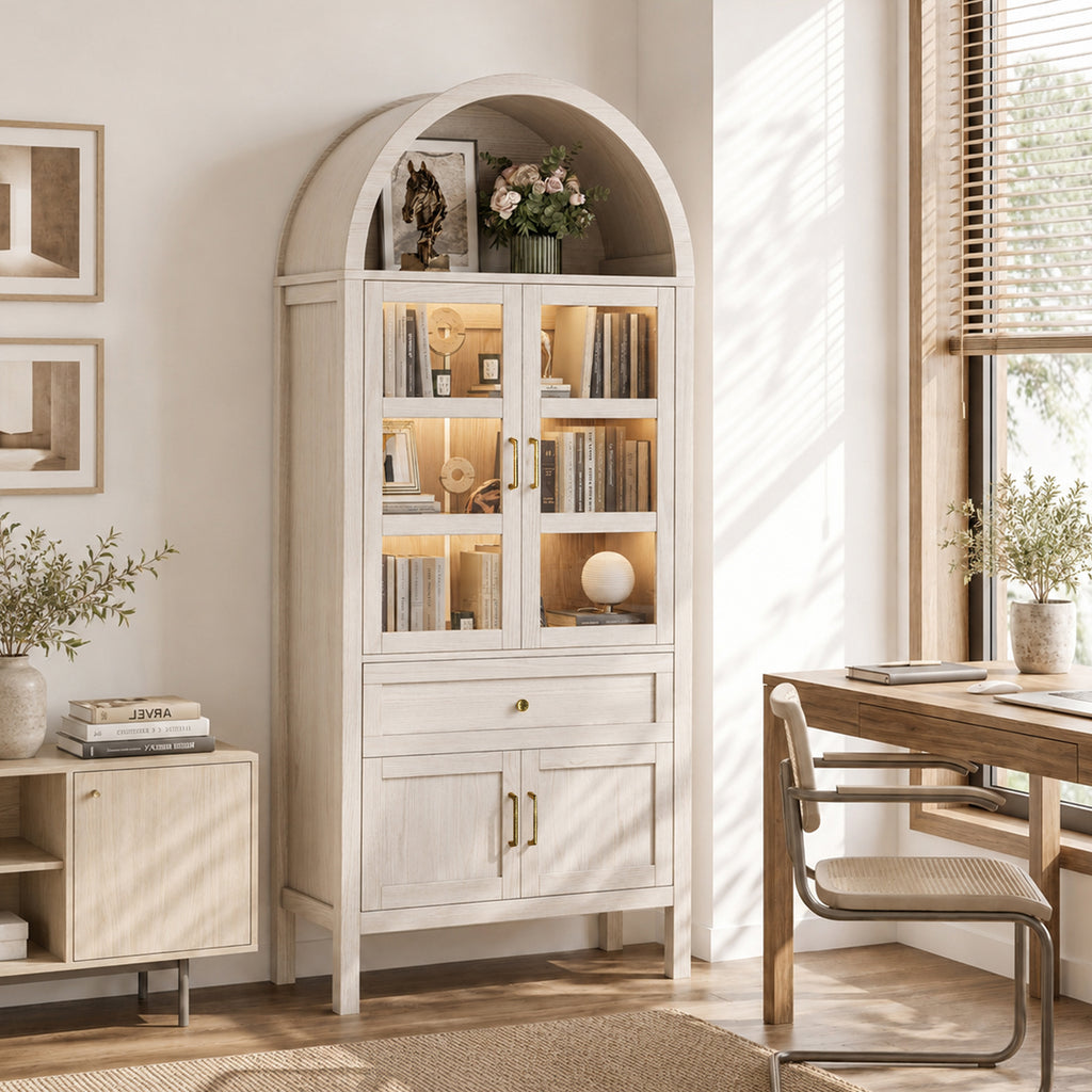 Cottinch 71" Tall Arched Bookshelf, Wood Display Cabinet with Glass Doors and Adjustable Shelves & LED Lights