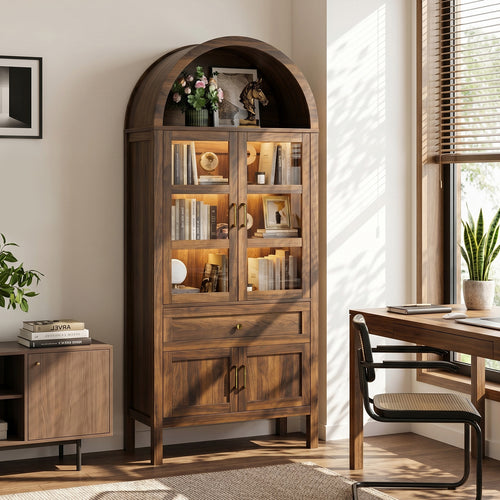 Cottinch 71" Tall Arched Bookshelf, Wood Display Cabinet with Glass Doors and Adjustable Shelves & LED Lights