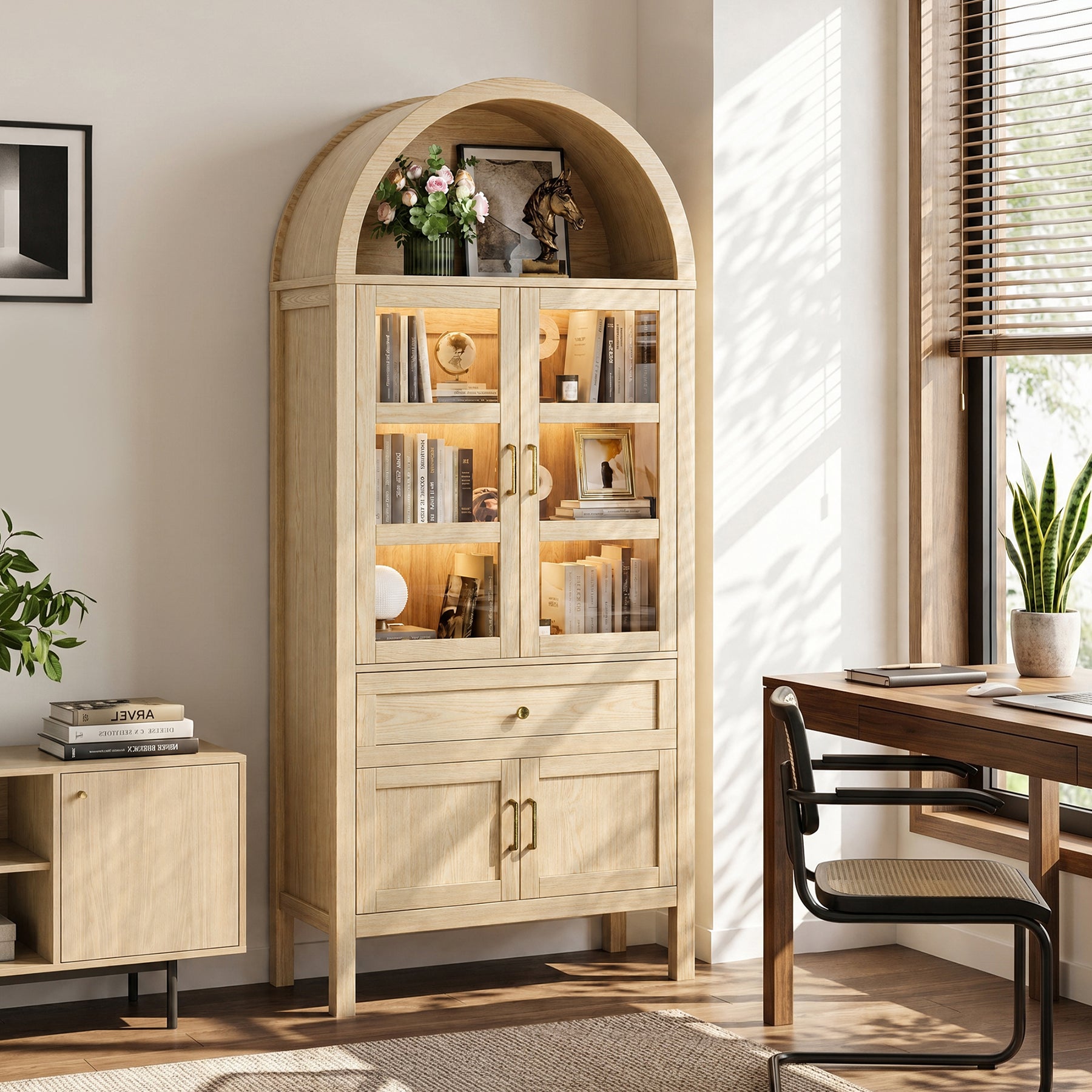 Cottinch 71" Tall Arched Bookshelf, Wood Display Cabinet with Glass Doors and Adjustable Shelves & LED Lights