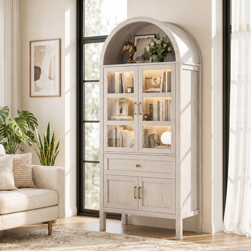 71" Tall Arched Bookshelf, Kitchen Pantry Storage Cabinet, 3-ier BooTkcase with 2 Glass Doors for Living Room, Kitchen, Home Office