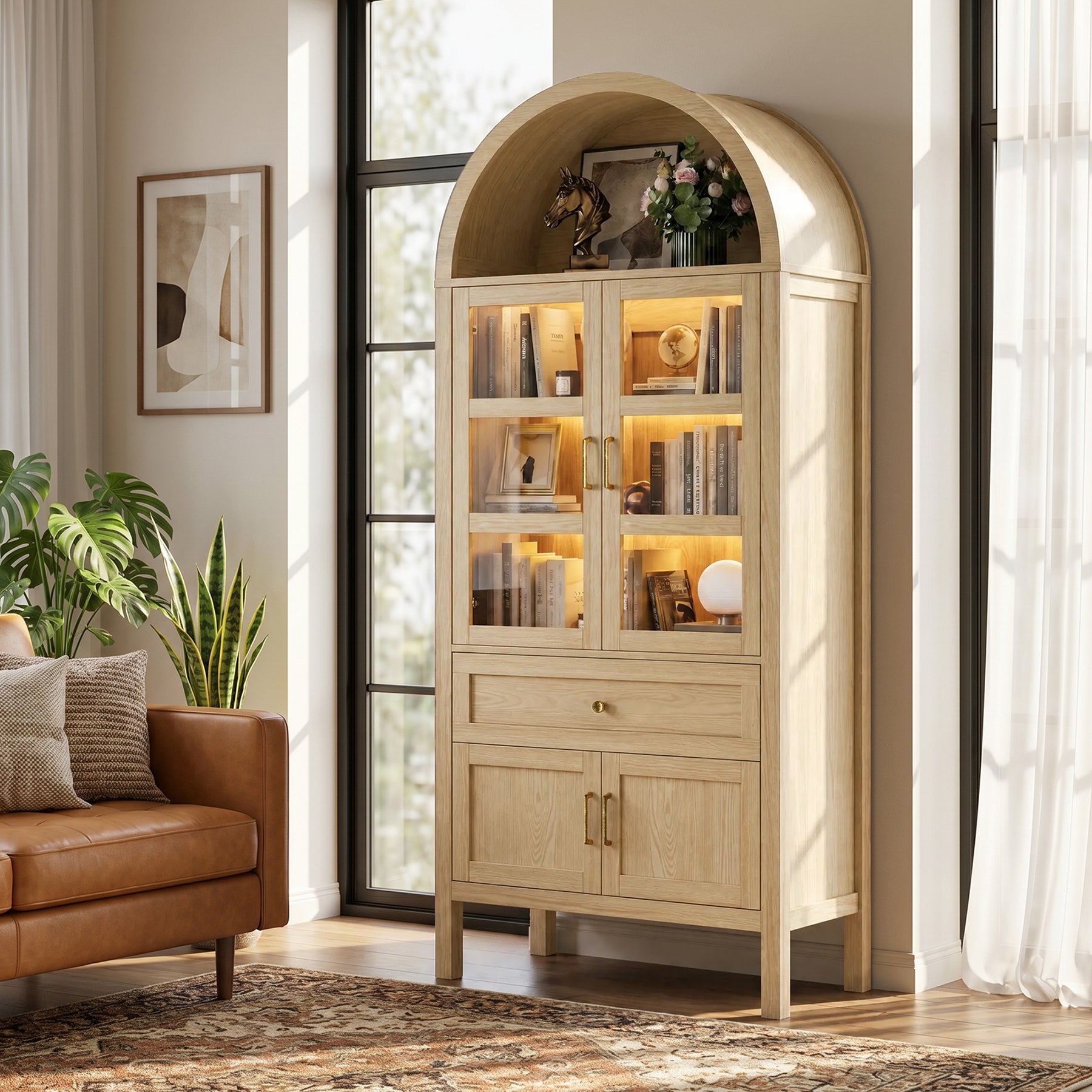 71" Tall Arched Bookshelf, Kitchen Pantry Storage Cabinet, 3-ier BooTkcase with 2 Glass Doors for Living Room, Kitchen, Home Office