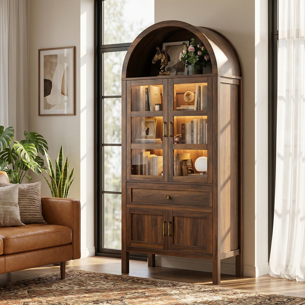 71" Tall Arched Bookshelf, Kitchen Pantry Storage Cabinet, 3-ier BooTkcase with 2 Glass Doors for Living Room, Kitchen, Home Office