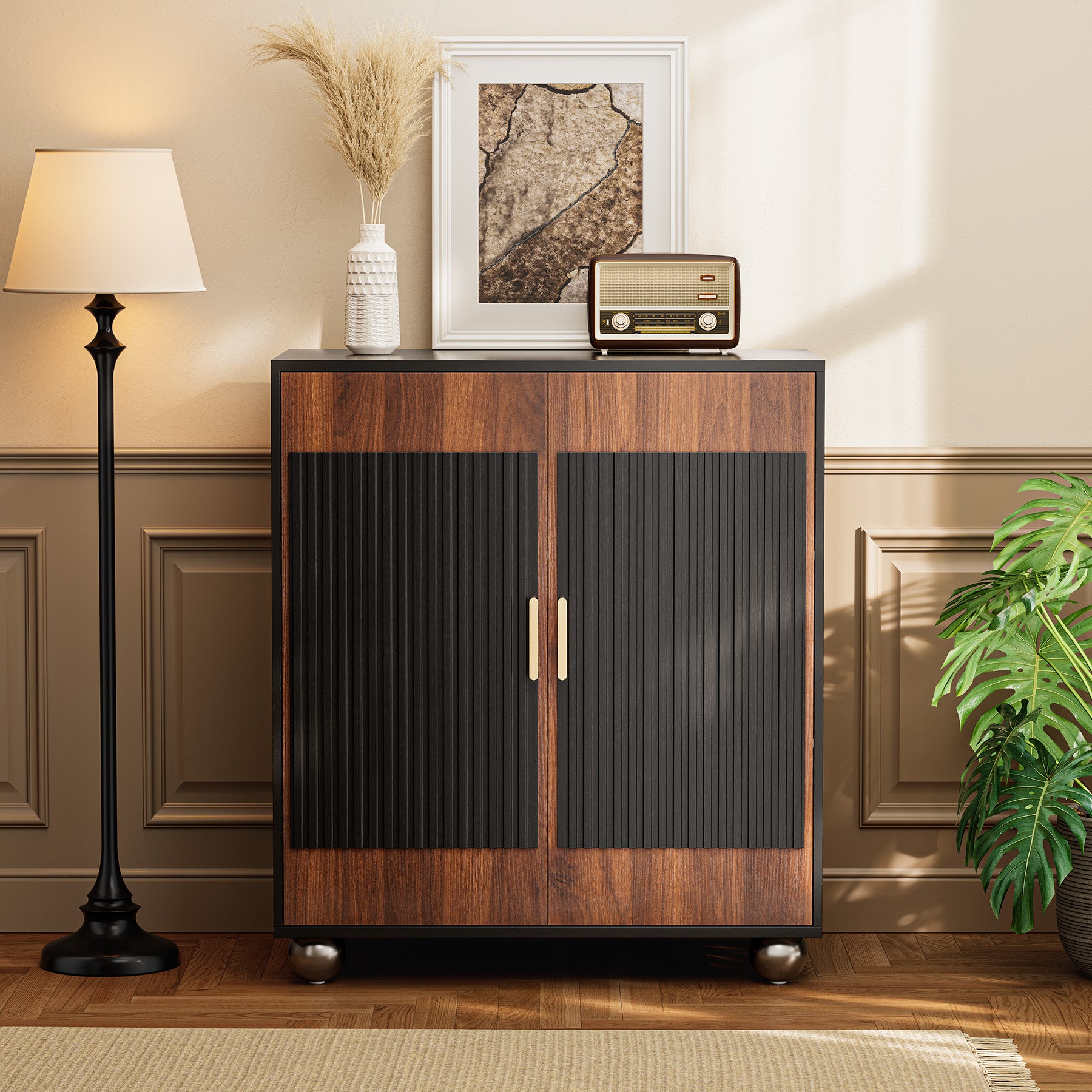 Modular Fluted Buffet Cabinet with Storage, Small Accent Sideboard with Square Doors & Adjustable Shelves 29" Modern Fluted Credenza Media Console Table for Living Room Kitchen Dining Room