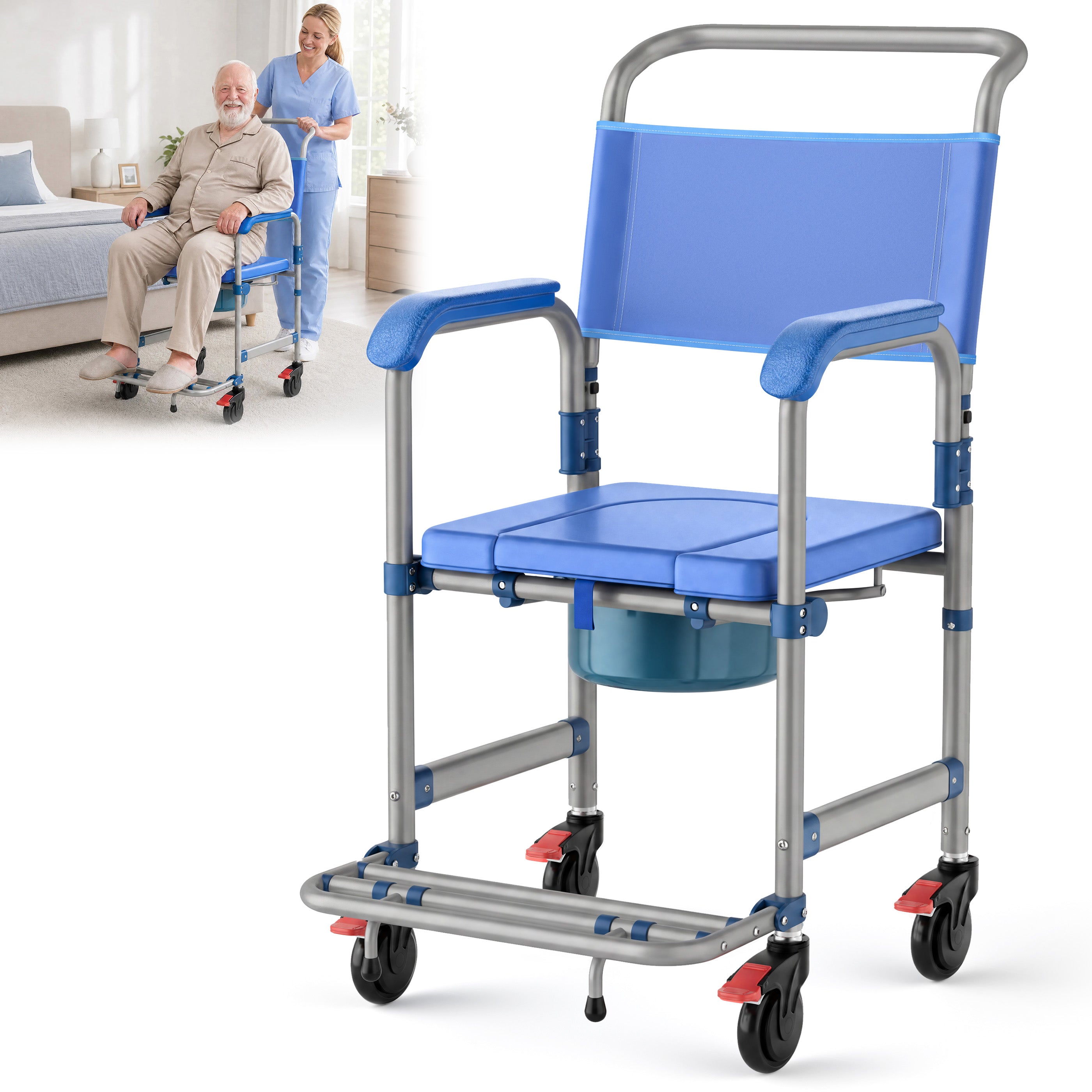 Morrean Bedside Commode, Rolling Transport Chair Lockable Wheelchair Bedside Toilet Seat, 6.3QT Removable Bucket and Splash Guard, 330lbs Load