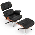Cottinch Top Black Grain Leather, Mid Century Chaise Lounge Chair and Ottoman, Modern Leather Accent Chair, Heavy Duty Base Support for Living Room Office, Walnut Black