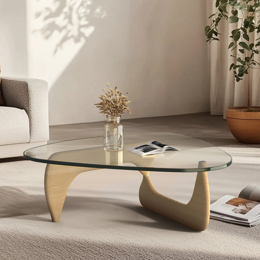 Cottinch 50" Triangle Glass Coffee Table with Wood Base for Living Room Office