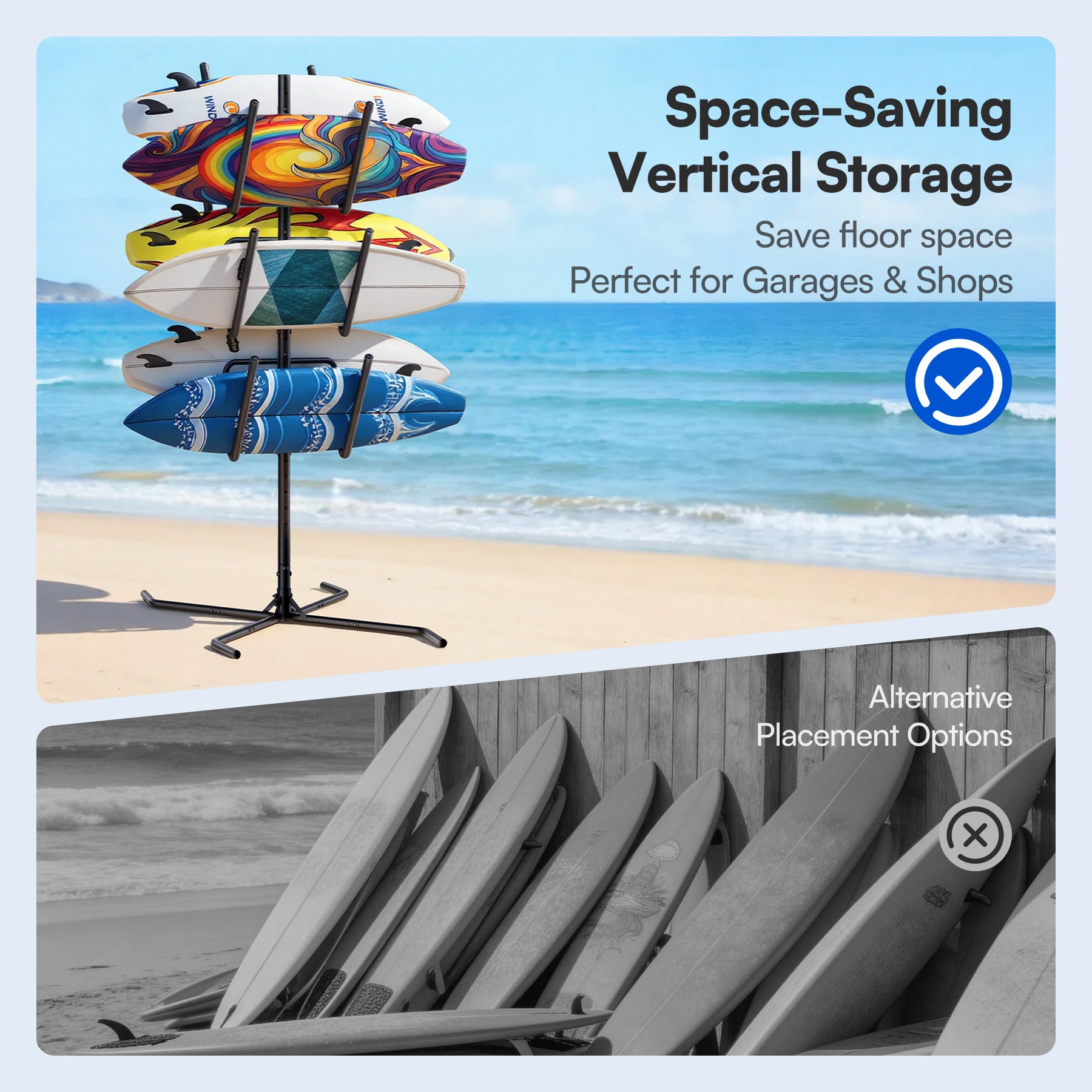 Cottinch Freestanding Surfboard Rack, Heavy Duty Steel Surfboard Storage Rack with Protective Foam, Adjustable Vertical Holder for Surfboards, SUPs, Paddle Boards & Snowboards, Indoor & Garage Use