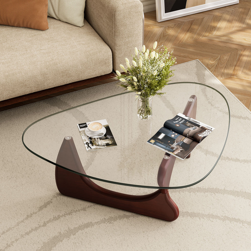 Modern Glass Coffee Table, Tempered Glass Top Center Table with Wood Base for Living Room Bedroom Office