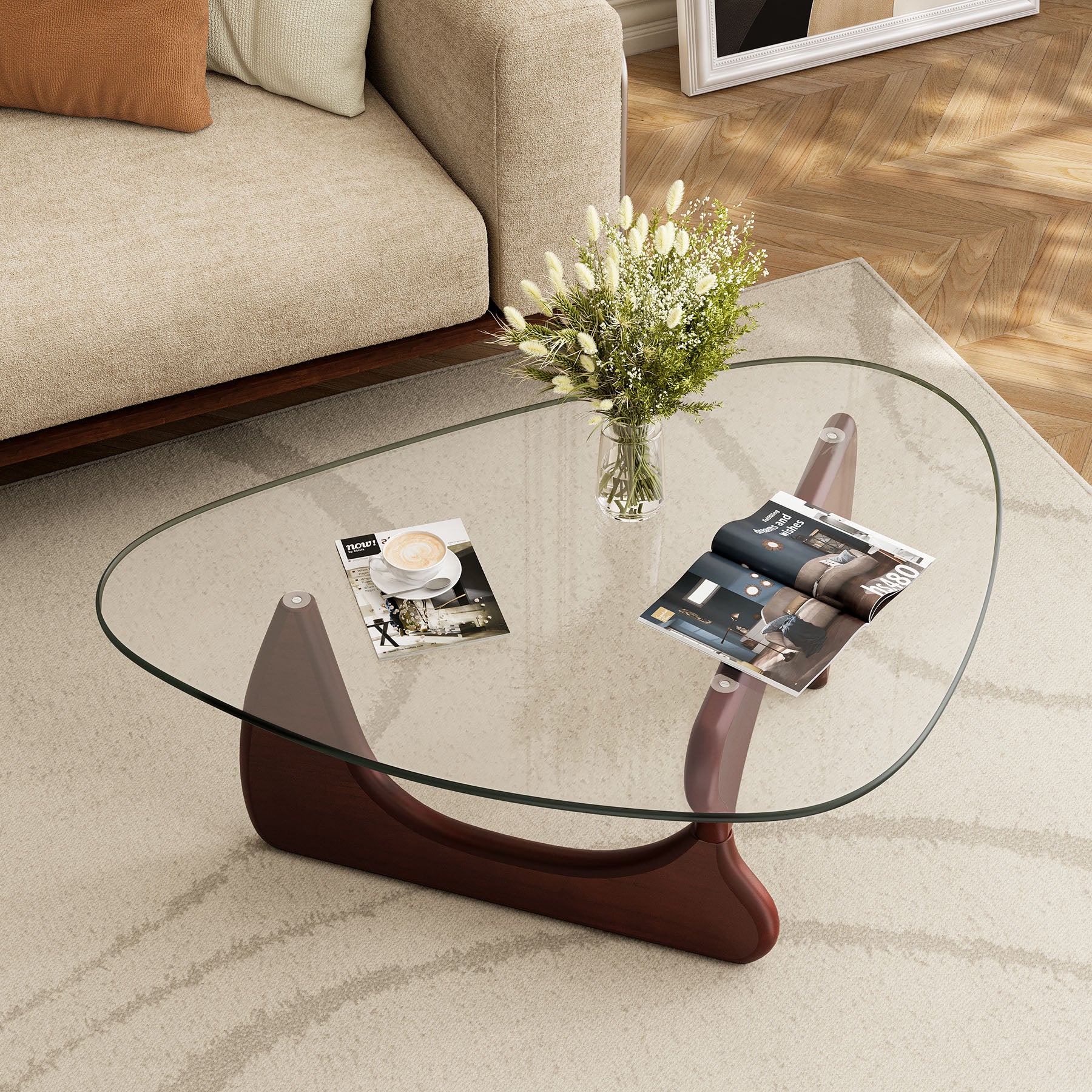 Modern Glass Coffee Table, Tempered Glass Top Center Table with Wood Base for Living Room Bedroom Office