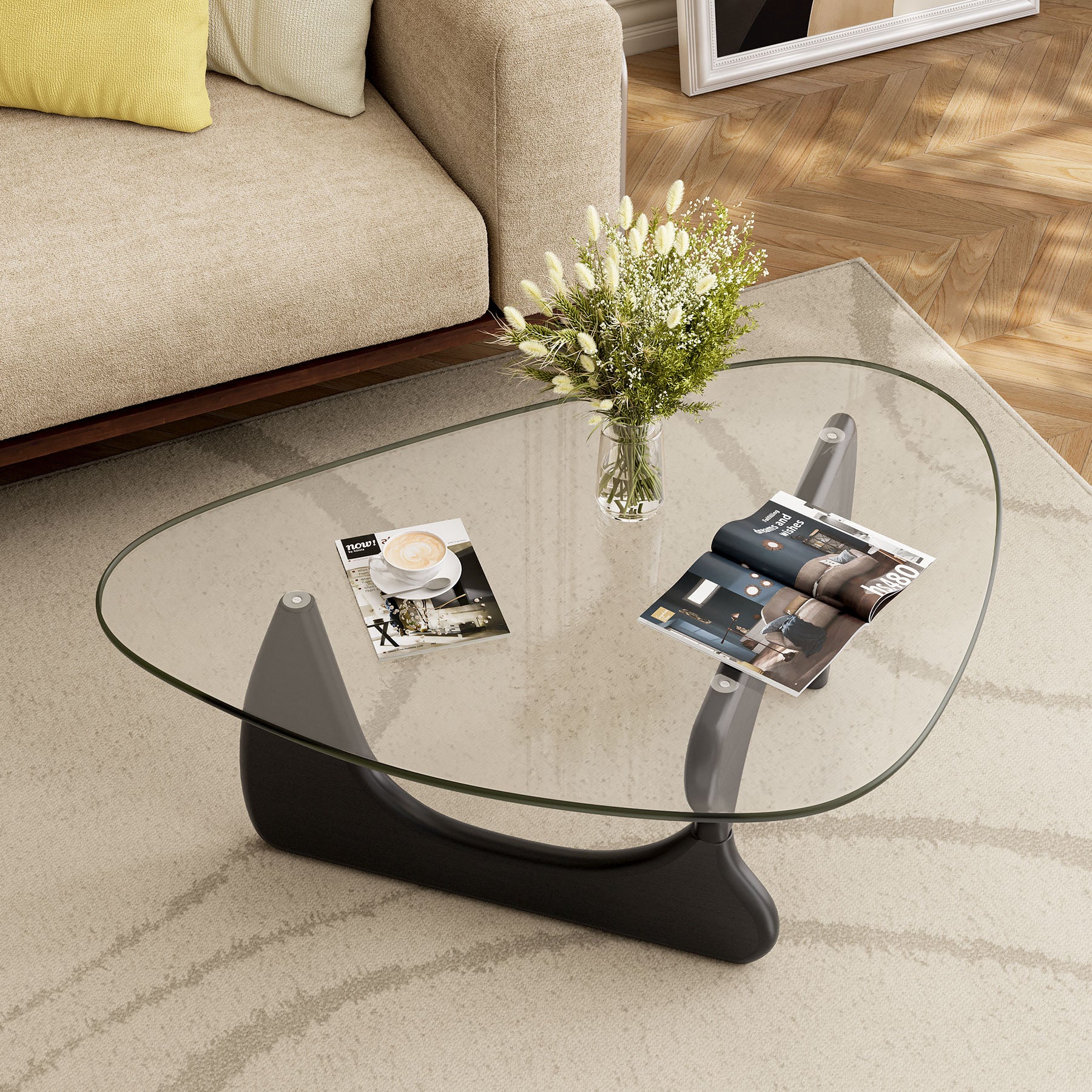 Modern Glass Coffee Table, Tempered Glass Top Center Table with Wood Base for Living Room Bedroom Office