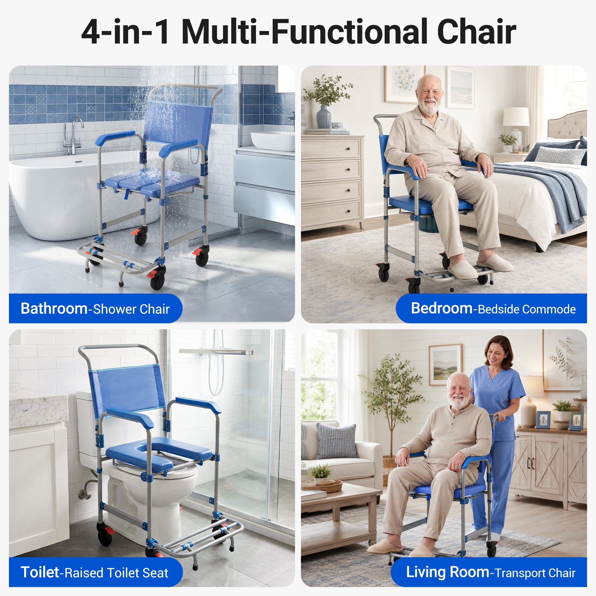 Morrean Bedside Commode, Rolling Transport Chair Lockable Wheelchair Bedside Toilet Seat, 6.3QT Removable Bucket and Splash Guard, 330lbs Load