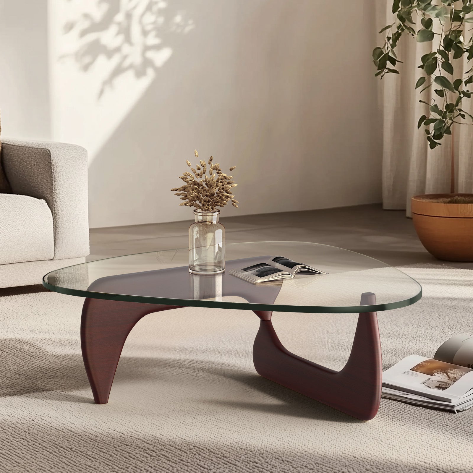 Cottinch 50" Triangle Glass Coffee Table with Wood Base for Living Room Office