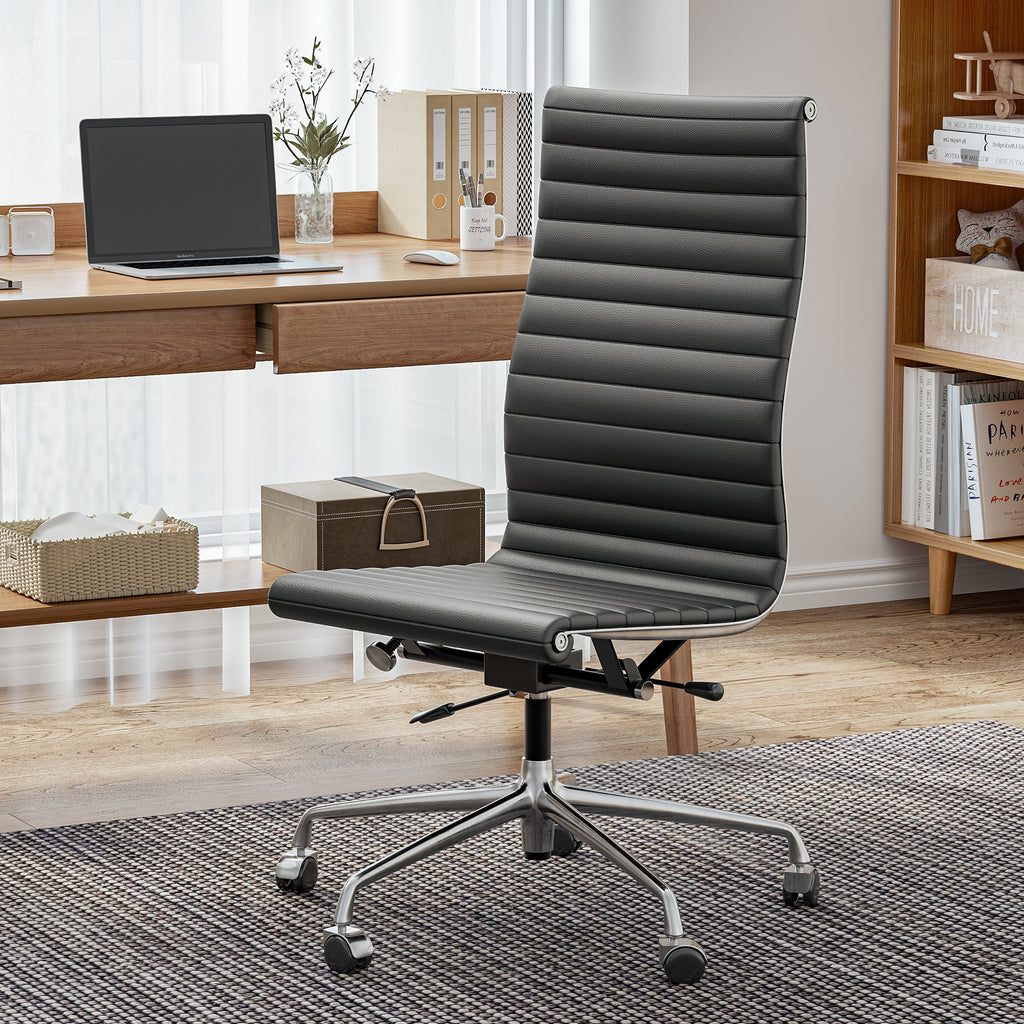 Cottinch Ribbed Office Chair High Back Armless Genuine Leather Ergonomic Desk Chair, Adjustable Height Executive Conference Task Chair Swivel Chair for Home Office