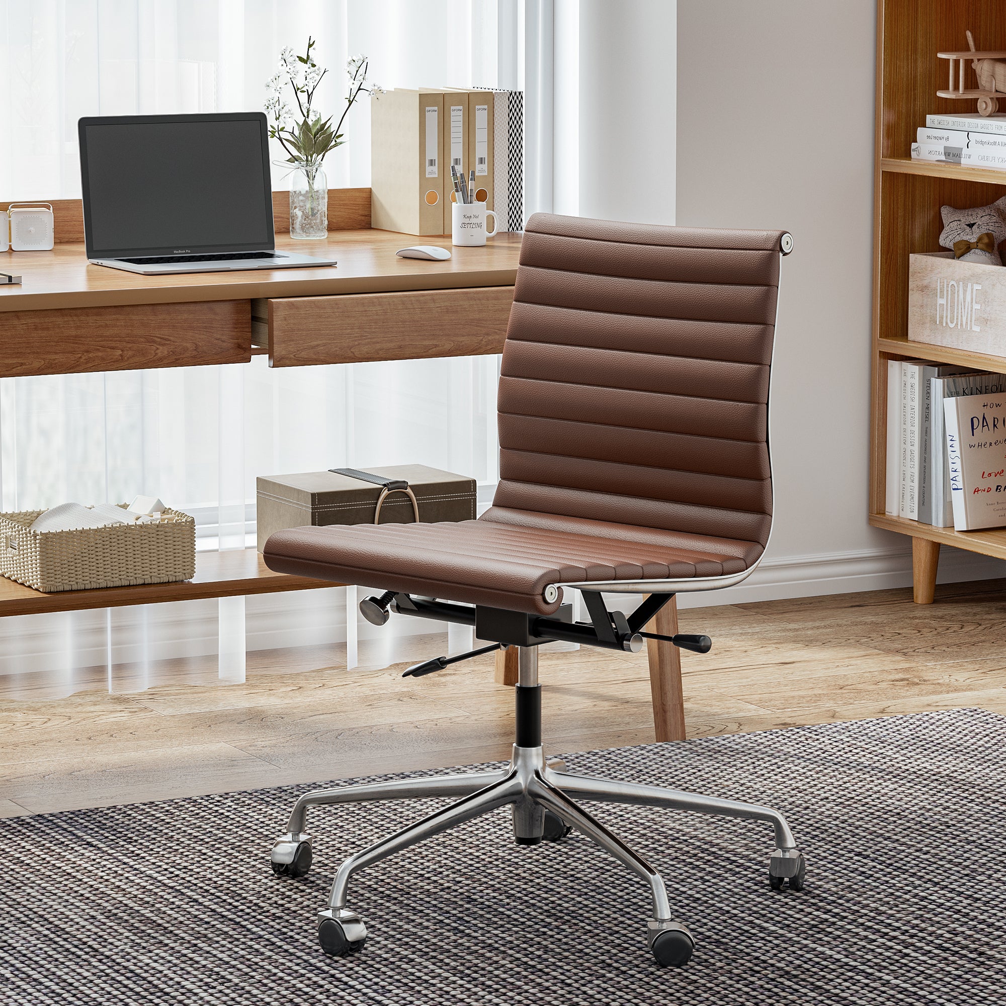 Cottinch Ribbed Office Chair High Back Armless Genuine Leather Ergonomic Desk Chair, Adjustable Height Executive Conference Task Chair Swivel Chair for Home Office