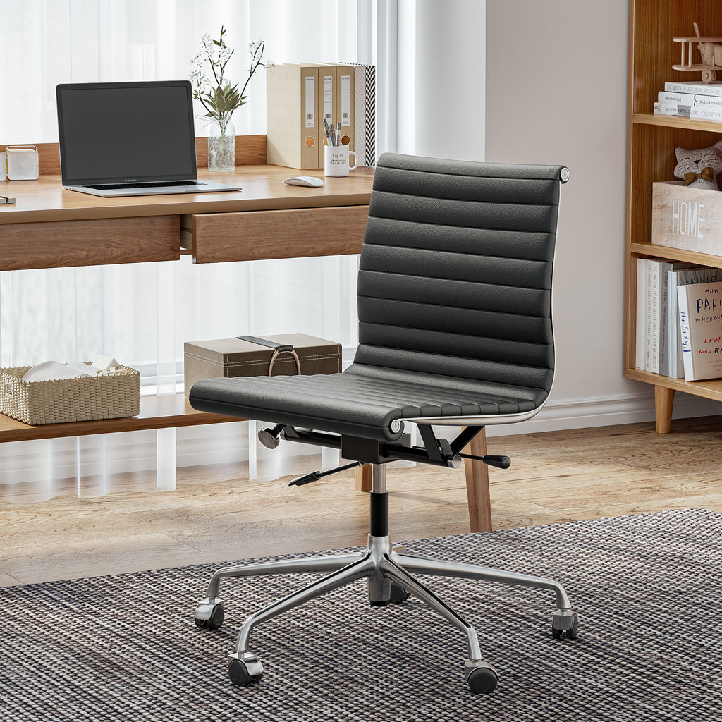 Cottinch Ribbed Office Chair High Back Armless Genuine Leather Ergonomic Desk Chair, Adjustable Height Executive Conference Task Chair Swivel Chair for Home Office