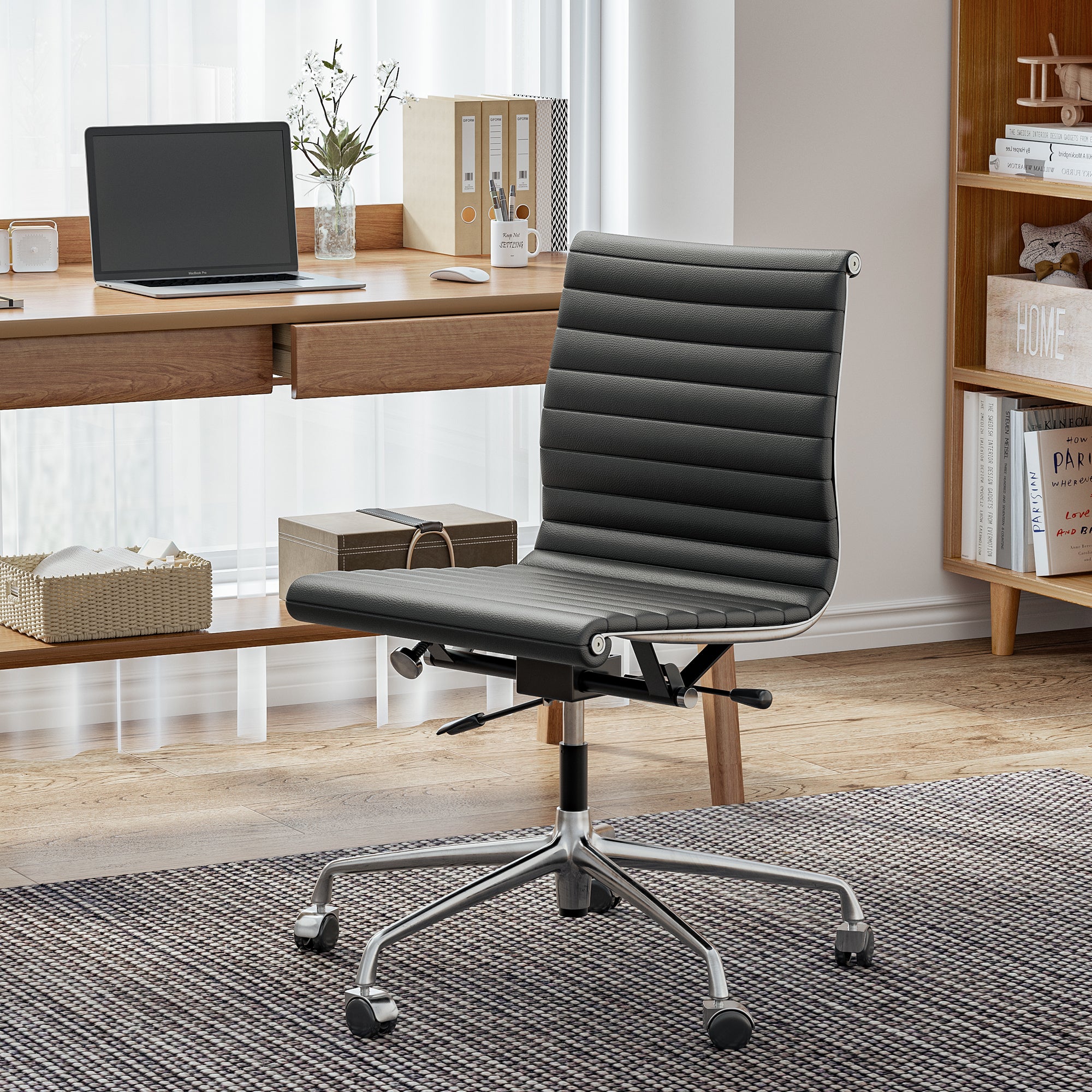 Cottinch Ribbed Office Chair High Back Armless Genuine Leather Ergonomic Desk Chair, Adjustable Height Executive Conference Task Chair Swivel Chair for Home Office
