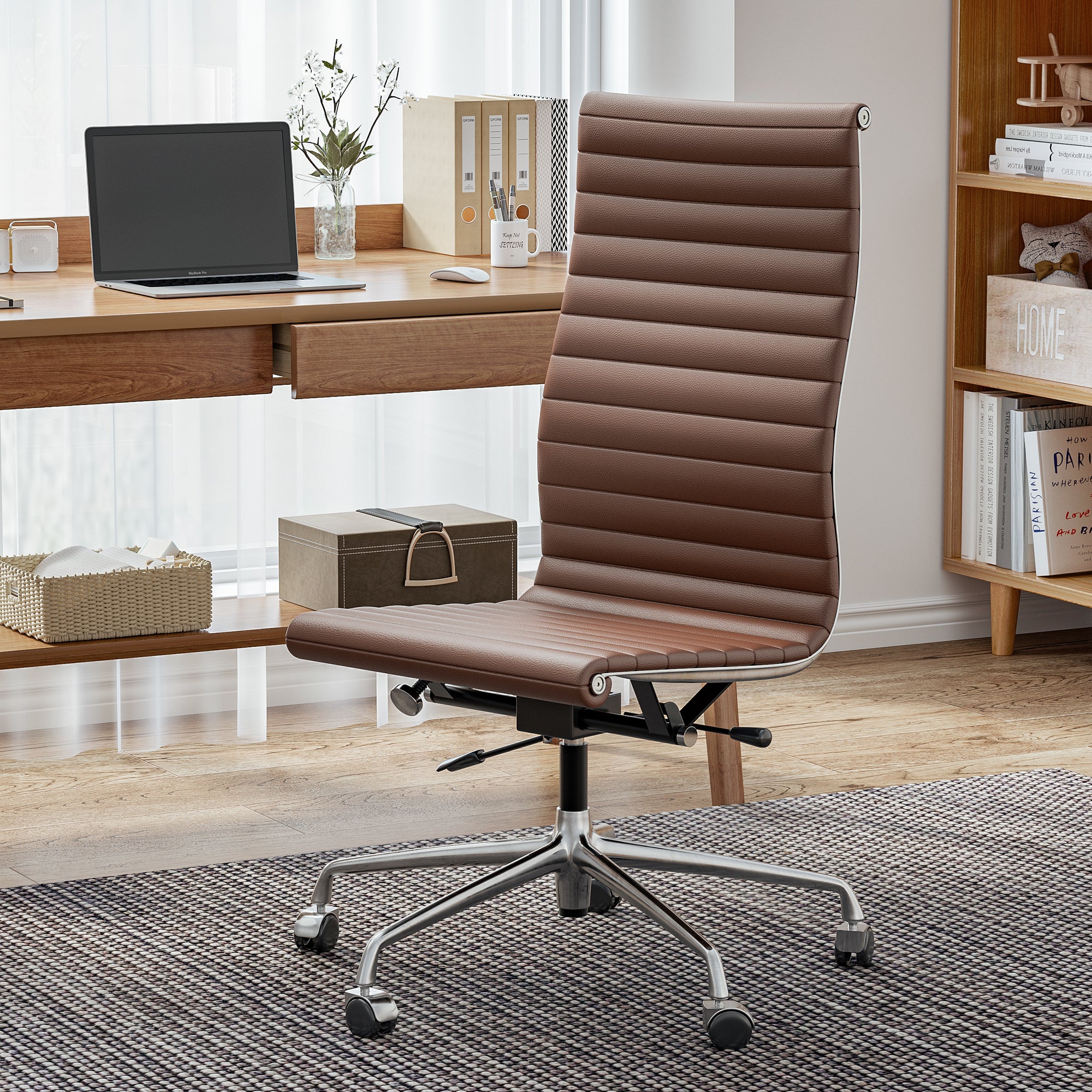 Cottinch Ribbed Office Chair High Back Armless Genuine Leather Ergonomic Desk Chair, Adjustable Height Executive Conference Task Chair Swivel Chair for Home Office