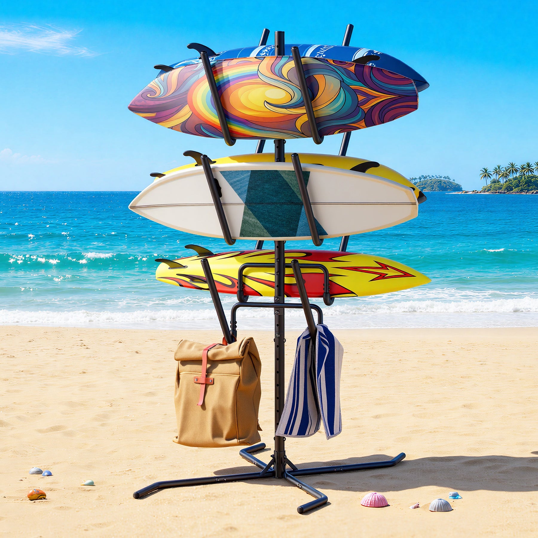 Cottinch Freestanding Surfboard Rack, Heavy Duty Steel Surfboard Storage Rack with Protective Foam, Adjustable Vertical Holder for Surfboards, SUPs, Paddle Boards & Snowboards, Indoor & Garage Use