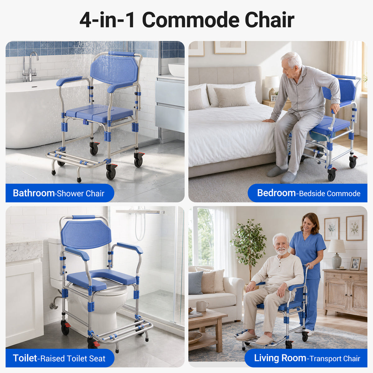 Morrean Updated Rolling Shower Chair Bedside Commode, Lockable Wheelchair Bedside Toilet Seat, 6.3QT Removable Bucket and Splash Guard, 330lbs Load