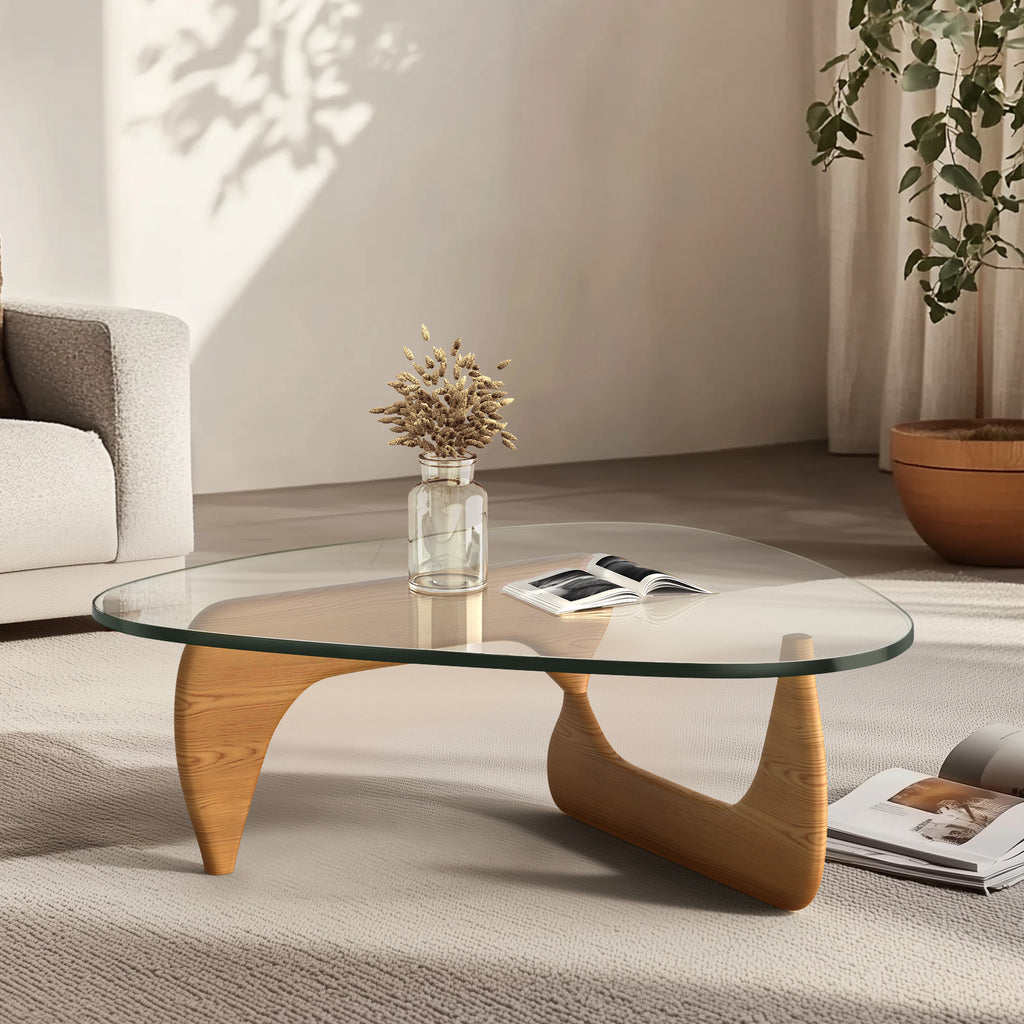 Cottinch 50" Triangle Glass Coffee Table with Wood Base for Living Room Office