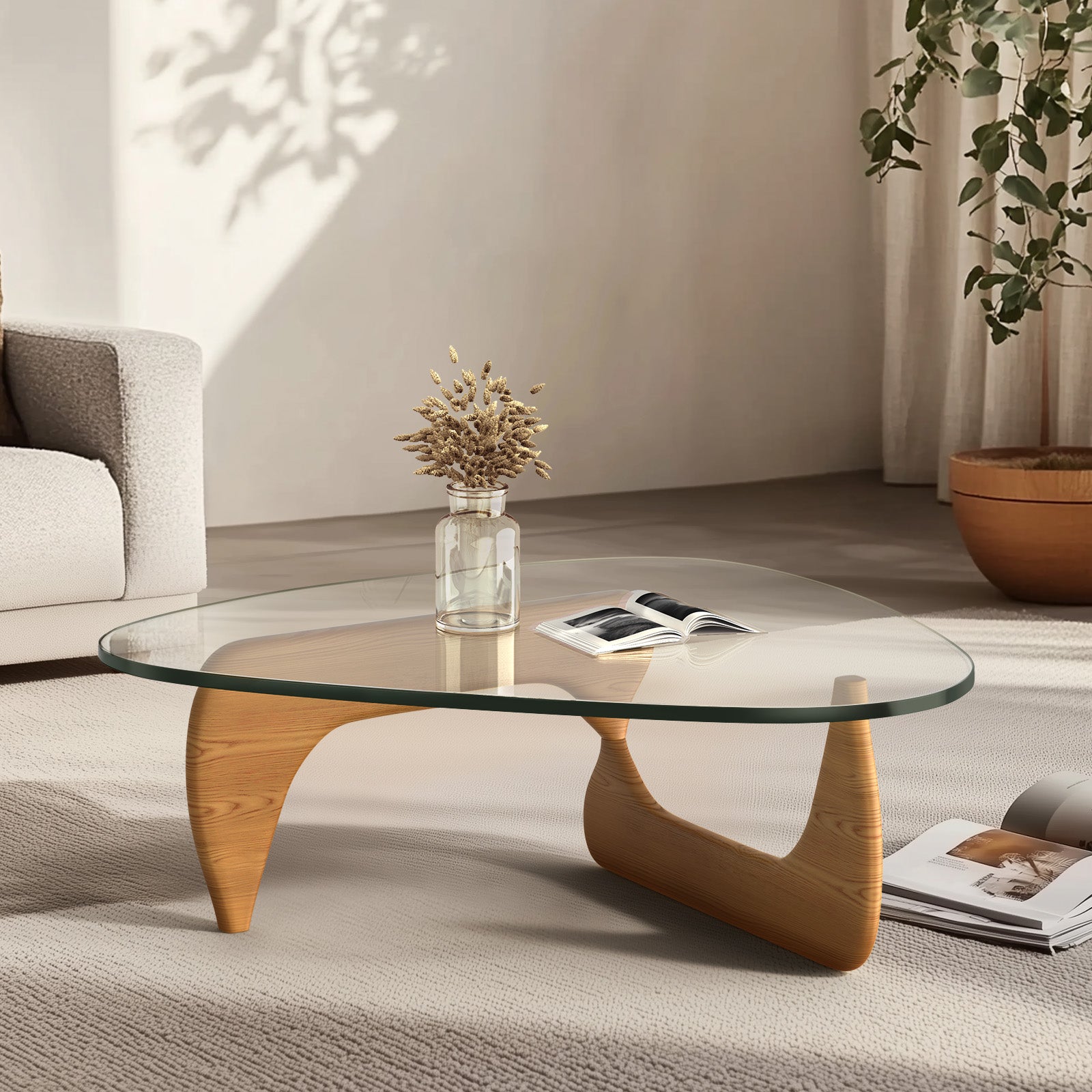 Cottinch 50" Triangle Glass Coffee Table with Wood Base for Living Room Office