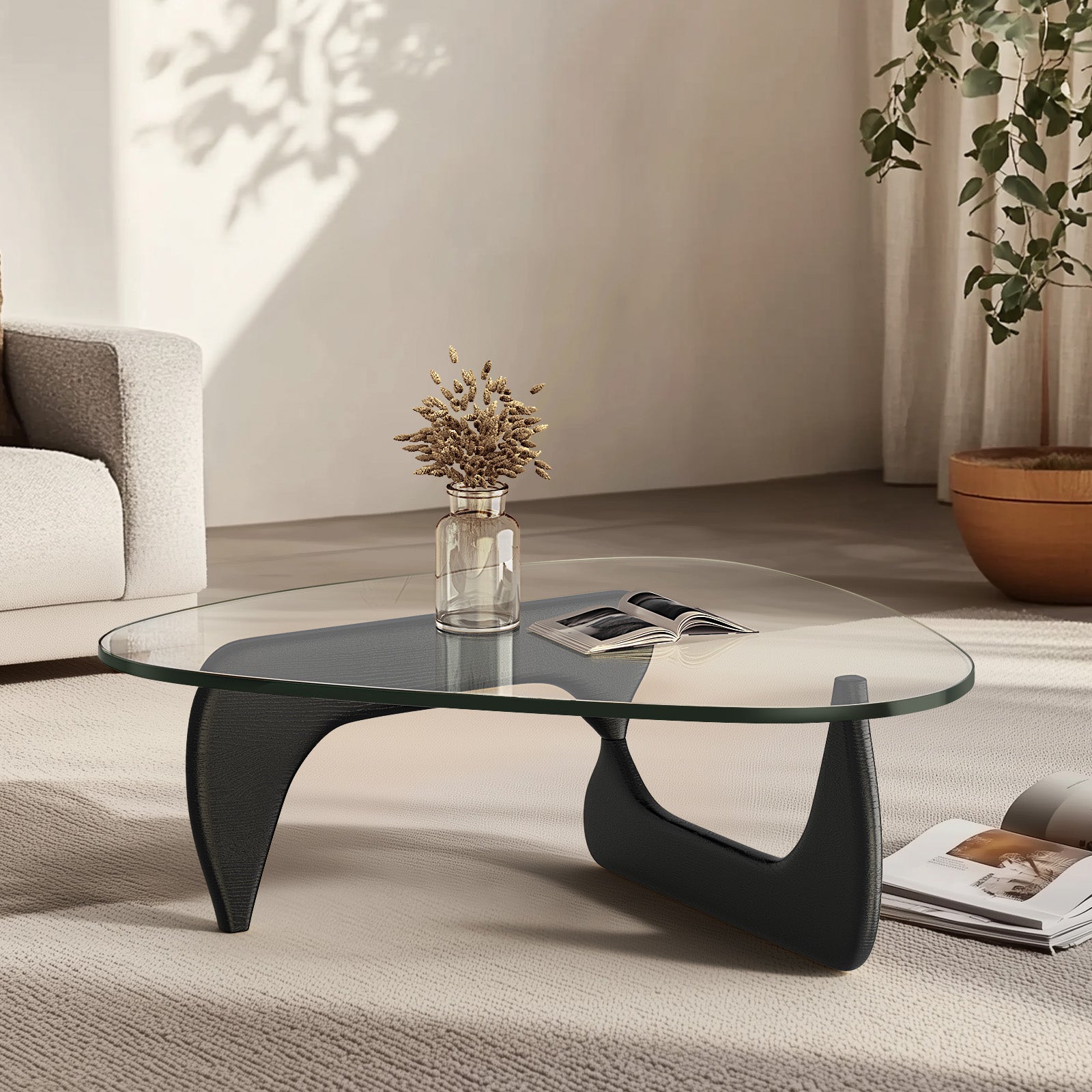 Cottinch 50" Triangle Glass Coffee Table with Wood Base for Living Room Office