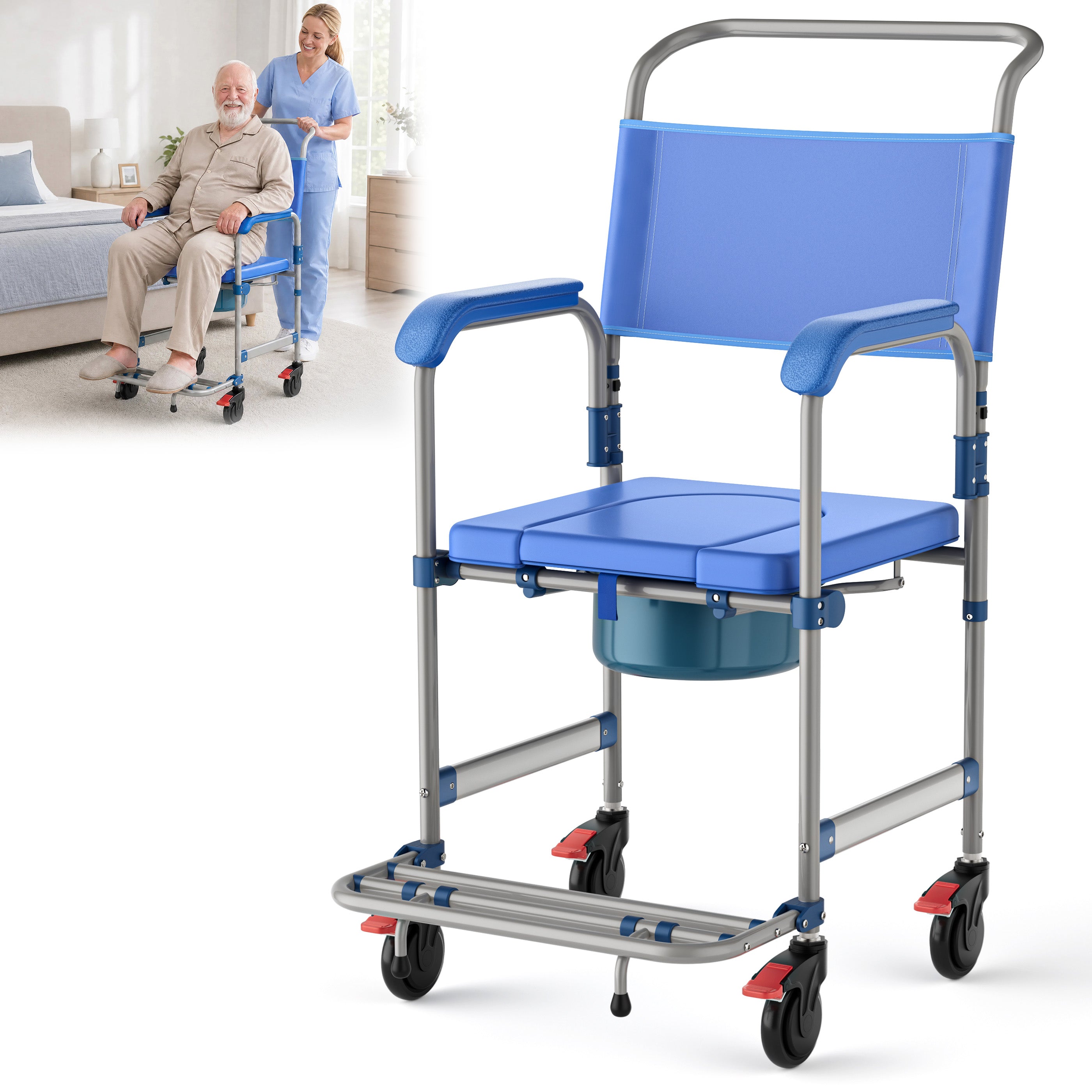 Morrean Bedside Commode, Rolling Transport Chair Lockable Wheelchair Bedside Toilet Seat, 6.3QT Removable Bucket and Splash Guard, 330lbs Load