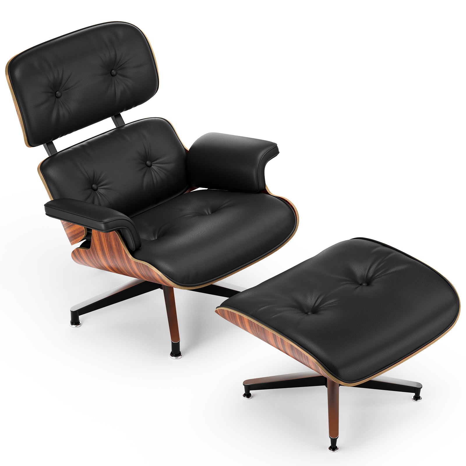 Cottinch Top Black Grain Leather, Mid Century Chaise Lounge Chair with Ottoman, Modern Leather Armchair Swivel Accent Chair and Metal Base for Living Room Office, Walnut Pattern