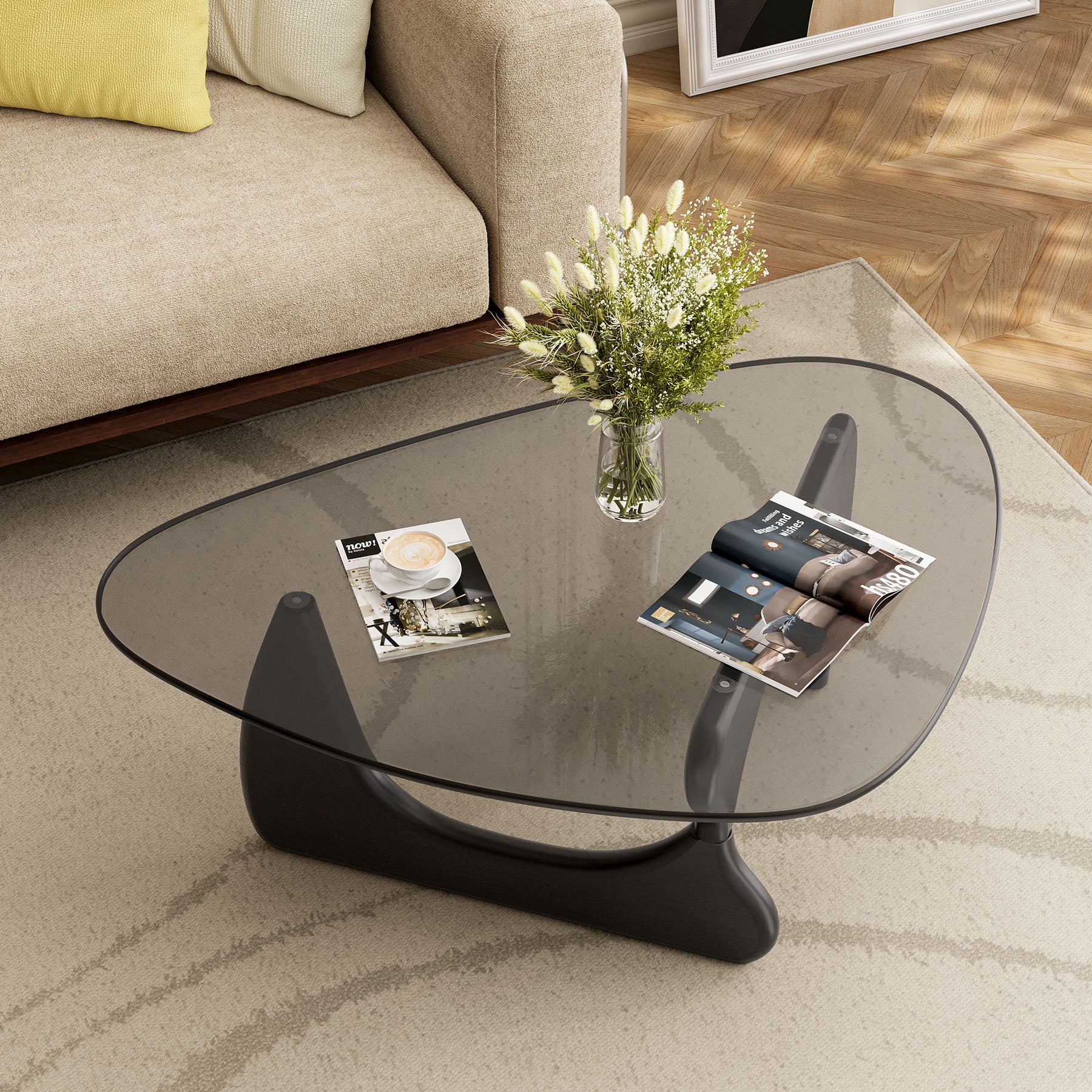 Modern Glass Coffee Table, Tempered Glass Top Center Table with Wood Base for Living Room Bedroom Office