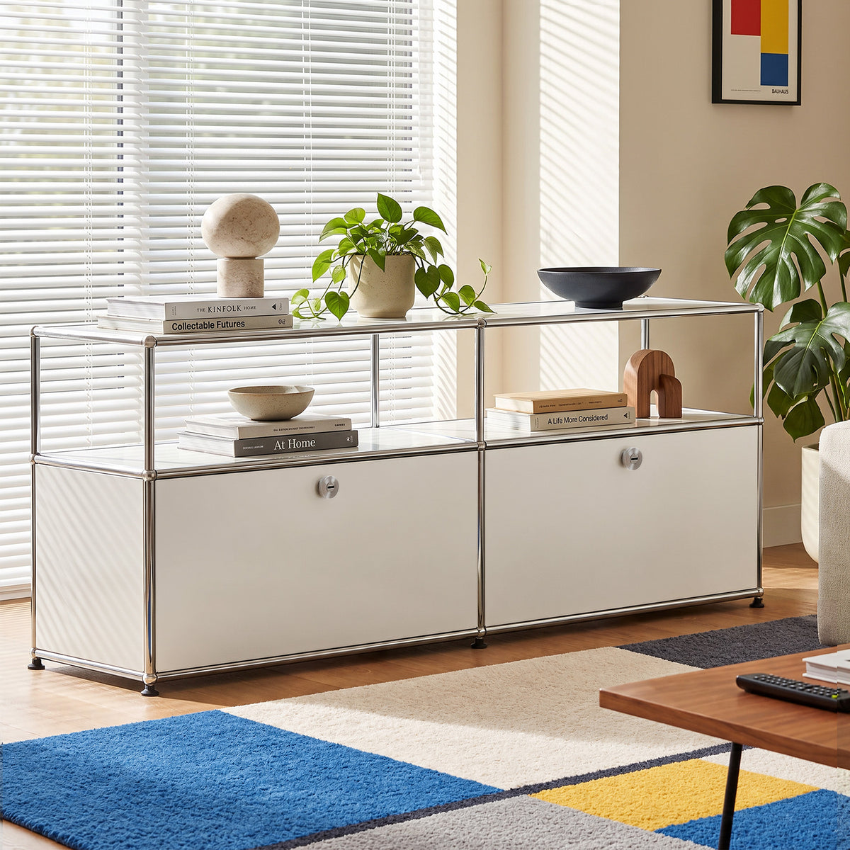 Cottinch Modular Metal TV Cabinet, Open‑Side Media Cabinet with Cable Holes, Storage TV Stand for Living Room Entertainment,White