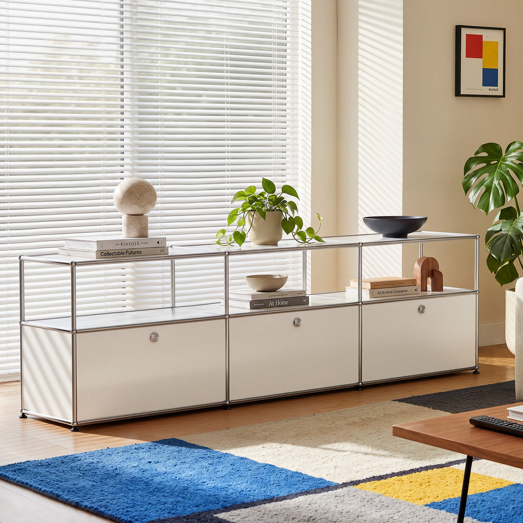 Cottinch Modular Metal TV Cabinet, Open‑Side Media Cabinet with Cable Holes, Storage TV Stand for Living Room Entertainment,White