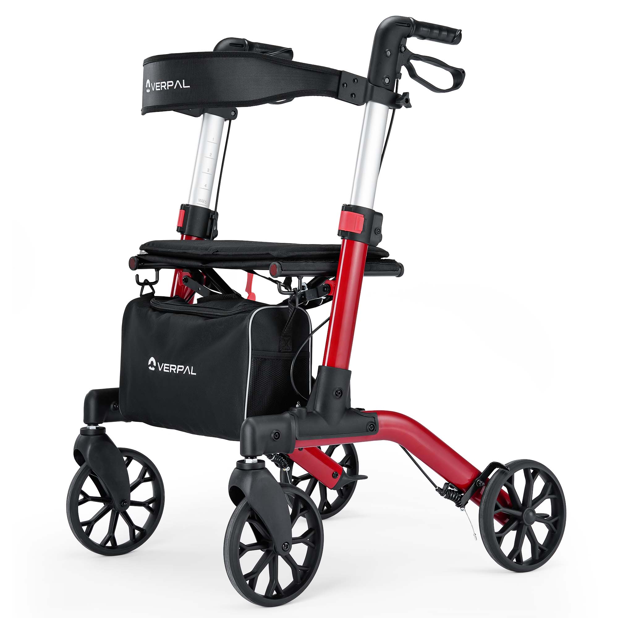 VERPAL Mobility Walker for Seniors, Lightweight Folding Rolling Walker with Seat and Backrest for Seniors and Adult, Red