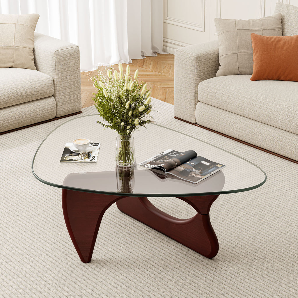 Cottinch Glass Coffee Table for Living Room, Morden Coffee Table with Glass Top and Wood Base