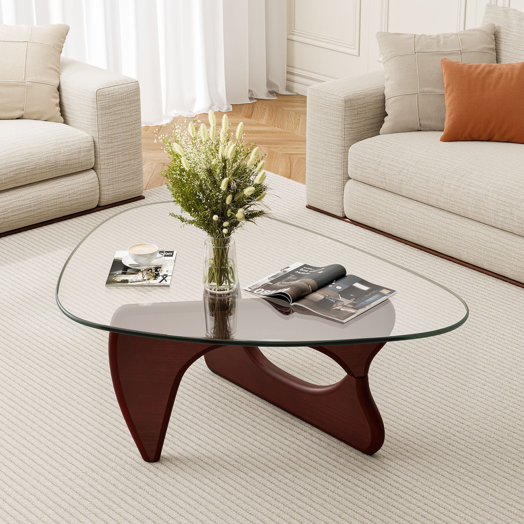 Cottinch Glass Coffee Table for Living Room, Morden Coffee Table with Glass Top and Wood Base