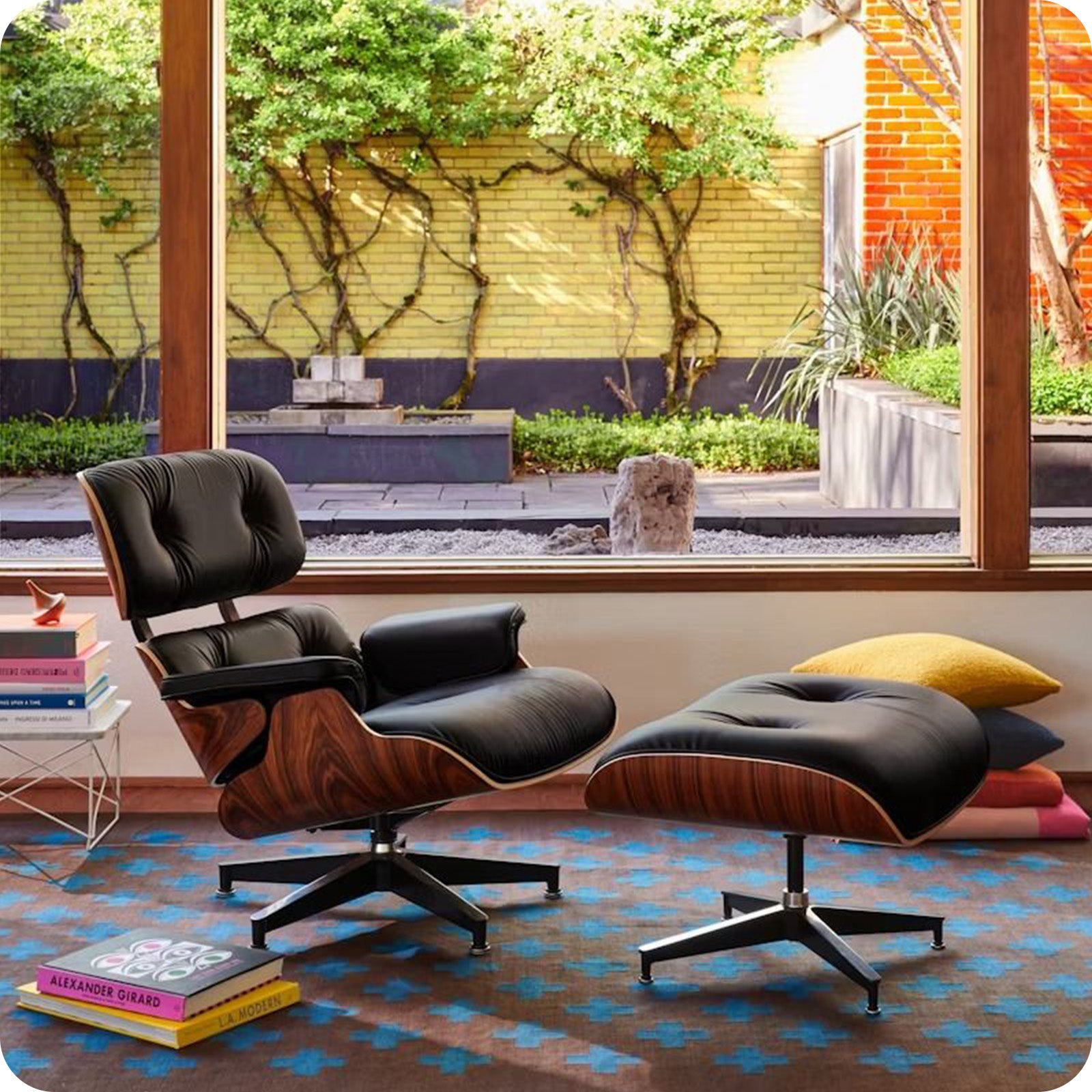 Mid-Century Chaise Lounge Chair with Ottoman Leather Armchair Swivel Accent Chair and Metal Base,Walnut Pattern,Black