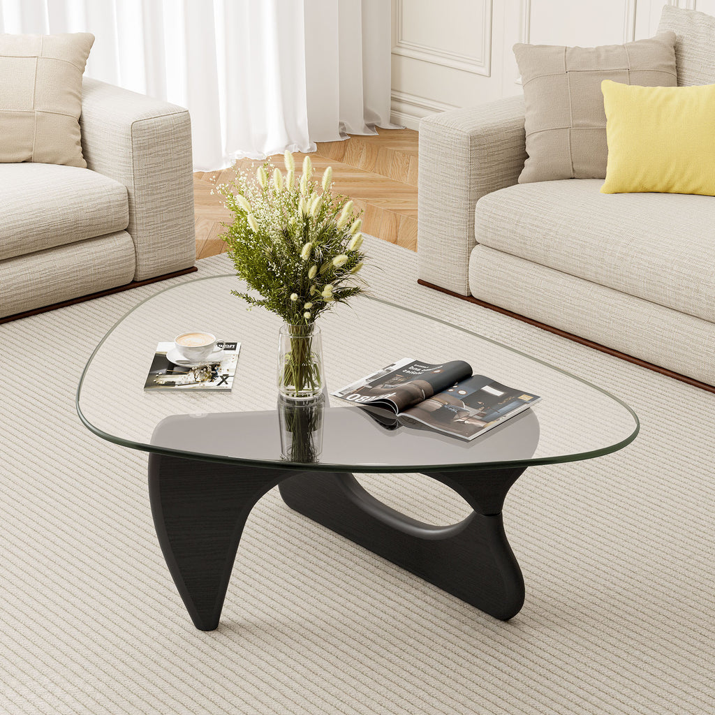 Cottinch Glass Coffee Table for Living Room, Morden Coffee Table with Glass Top and Wood Base